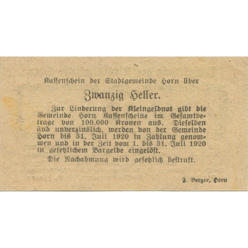 Banknote, Austria, Horn, 20 Heller, Texte 1920-07-31, UNC(63), Mehl:FS 397Ia2
