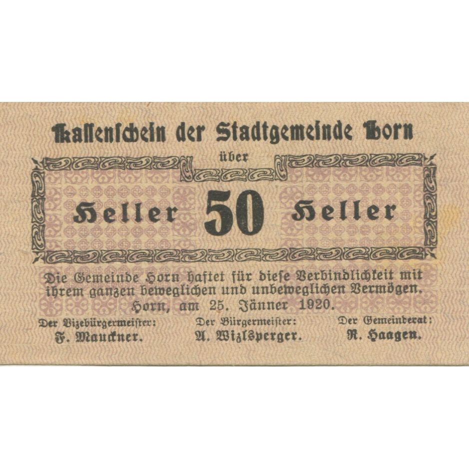 Banknote, Austria, Horn, 50 Heller, Texte 1920-07-31, UNC(63), Mehl:FS 397Ia2