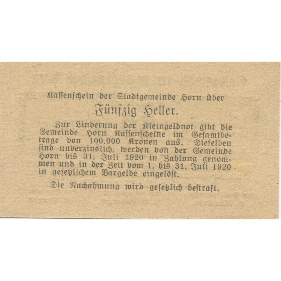 Banknote, Austria, Horn, 50 Heller, Texte 1920-07-31, UNC(63), Mehl:FS 397Ia2