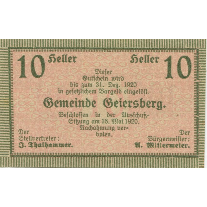Banknote, Austria, Geiersberg, 10 Heller, Texte, 1920 UNC(63) Mehl:FS 227a