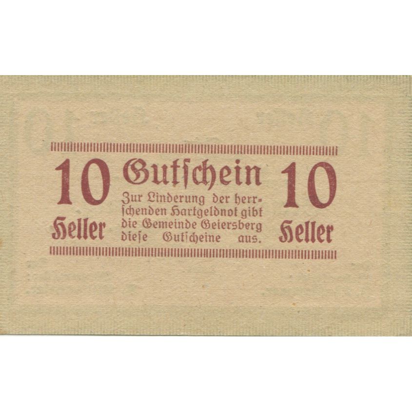 Banknote, Austria, Geiersberg, 10 Heller, Texte, 1920 UNC(63) Mehl:FS 227a