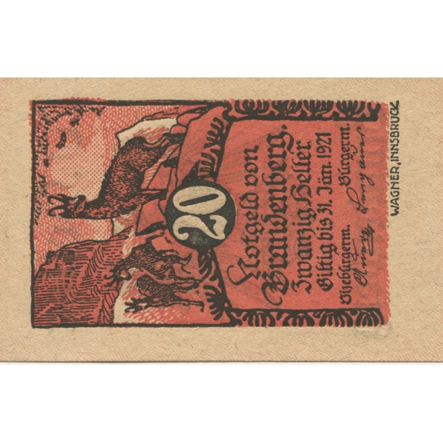 Banknote, Austria, Brandenberg, 20 Heller, cerf, 1920 UNC(63) Mehl:FS 99a