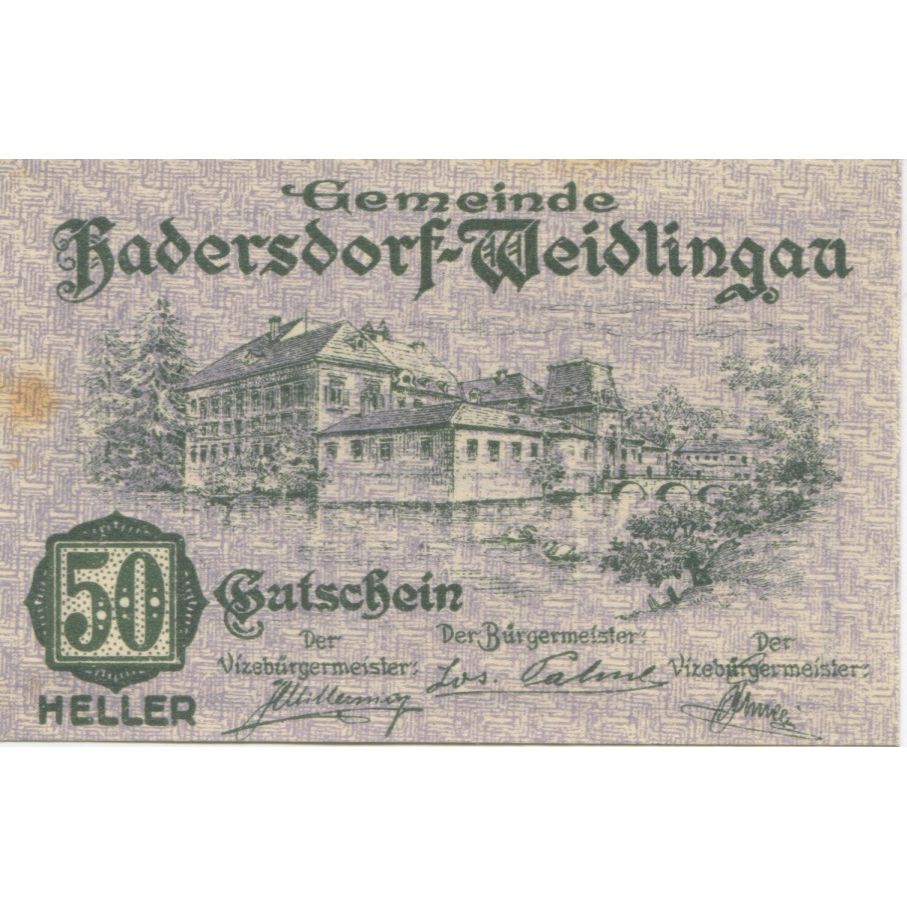Banknote, Austria, Hadersdorf, 50 Heller, château, 1920, UNC(63) Mehl:FS 326