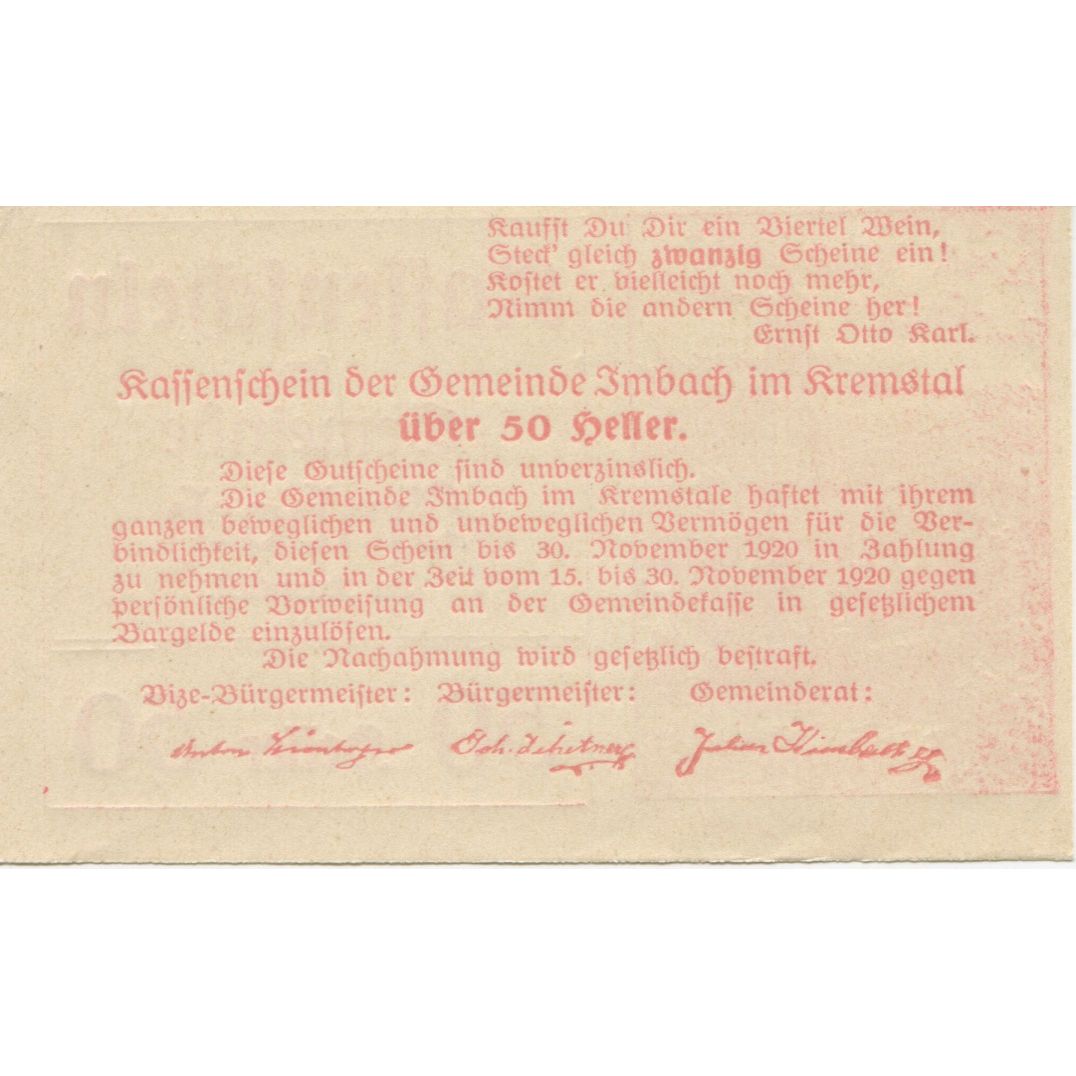 Banknote, Austria, Imbach, 50 Heller, Eglise 1920-12-31, UNC(63), Mehl:FS 404IIa