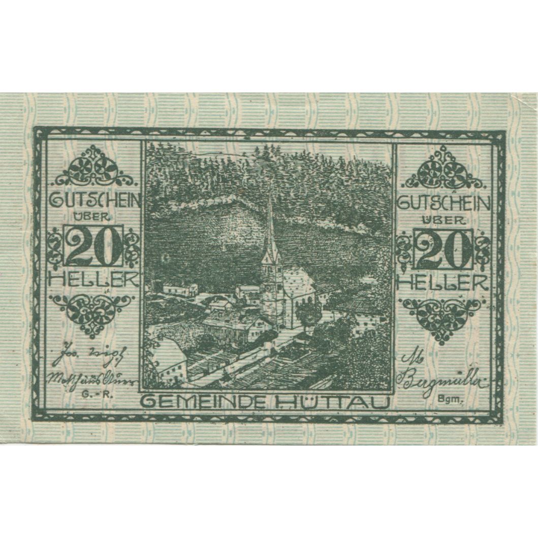 Banknote, Austria, Hüttau, 20 Heller, village, 1920 UNC(63) Mehl:FS 401a