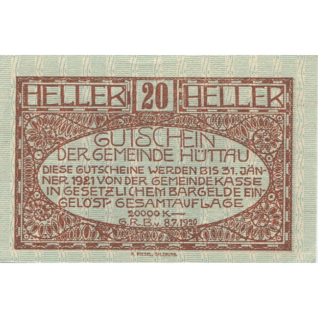 Banknote, Austria, Hüttau, 20 Heller, village, 1920 UNC(63) Mehl:FS 401a