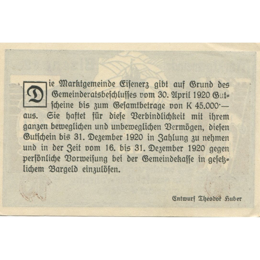 Biljet, Oostenrijk, Eisenerz, 10 Heller, valeur faciale, 1920 SPL Mehl:FS 169