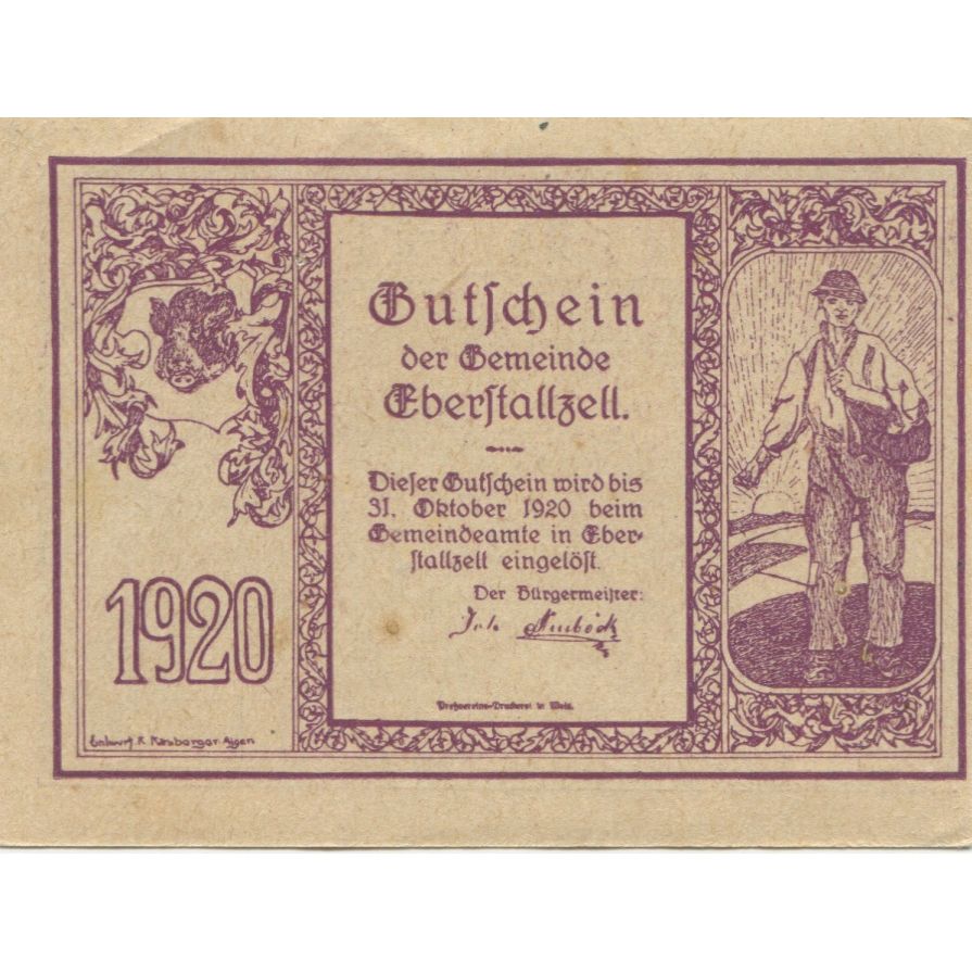 Banknote, Austria, Eberstallzell, 50 Heller, champs, 1920 UNC(63) Mehl:FS 146