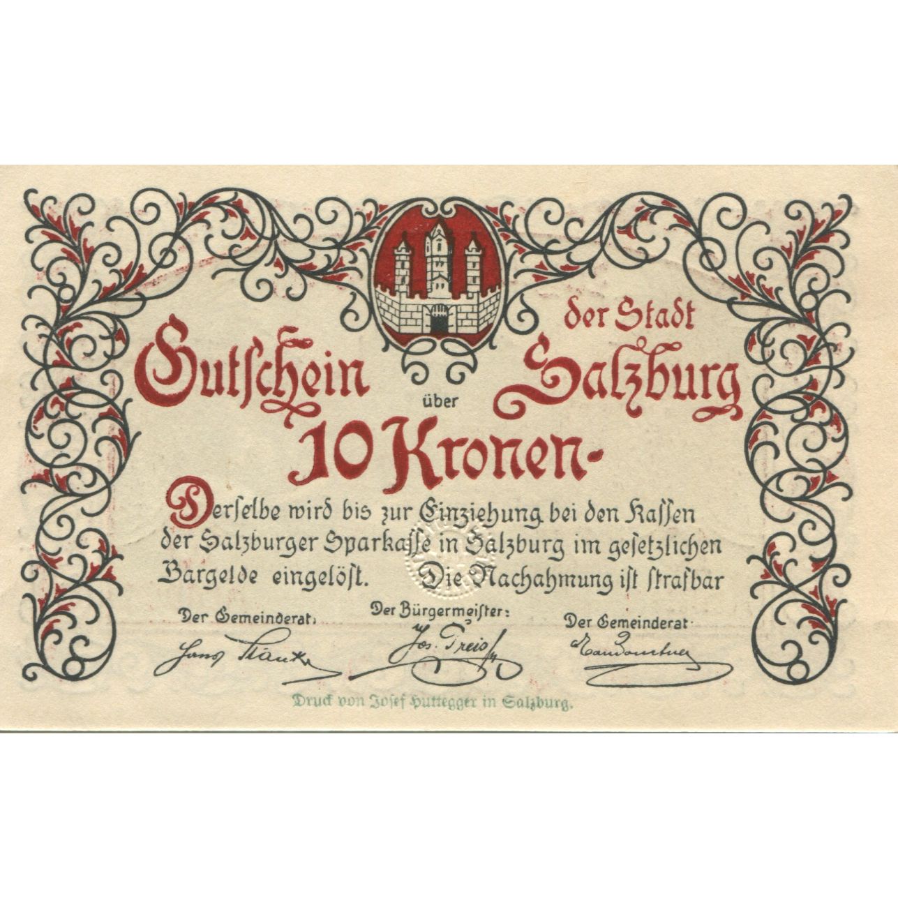 Banknote, Austria, Salzburg, 10 Kronen, château, 1920, UNC(63), Mehl:FS 860II