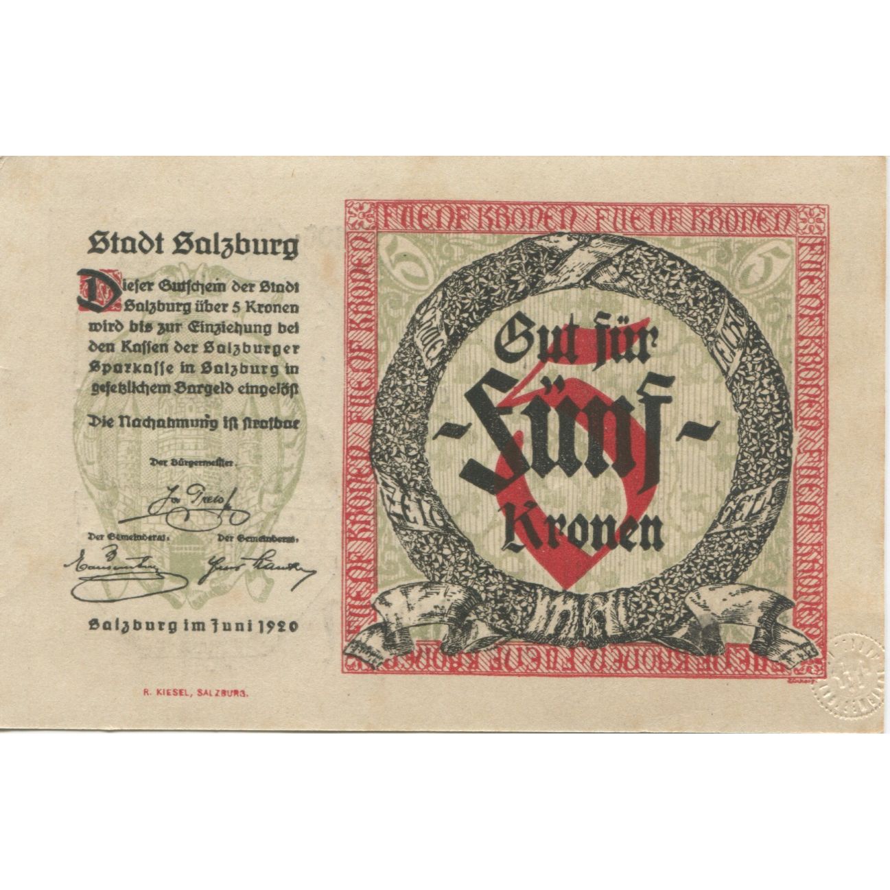 Billet, Autriche, Salzburg, 5 Kronen, village, 1920, SPL, Mehl:FS 860II
