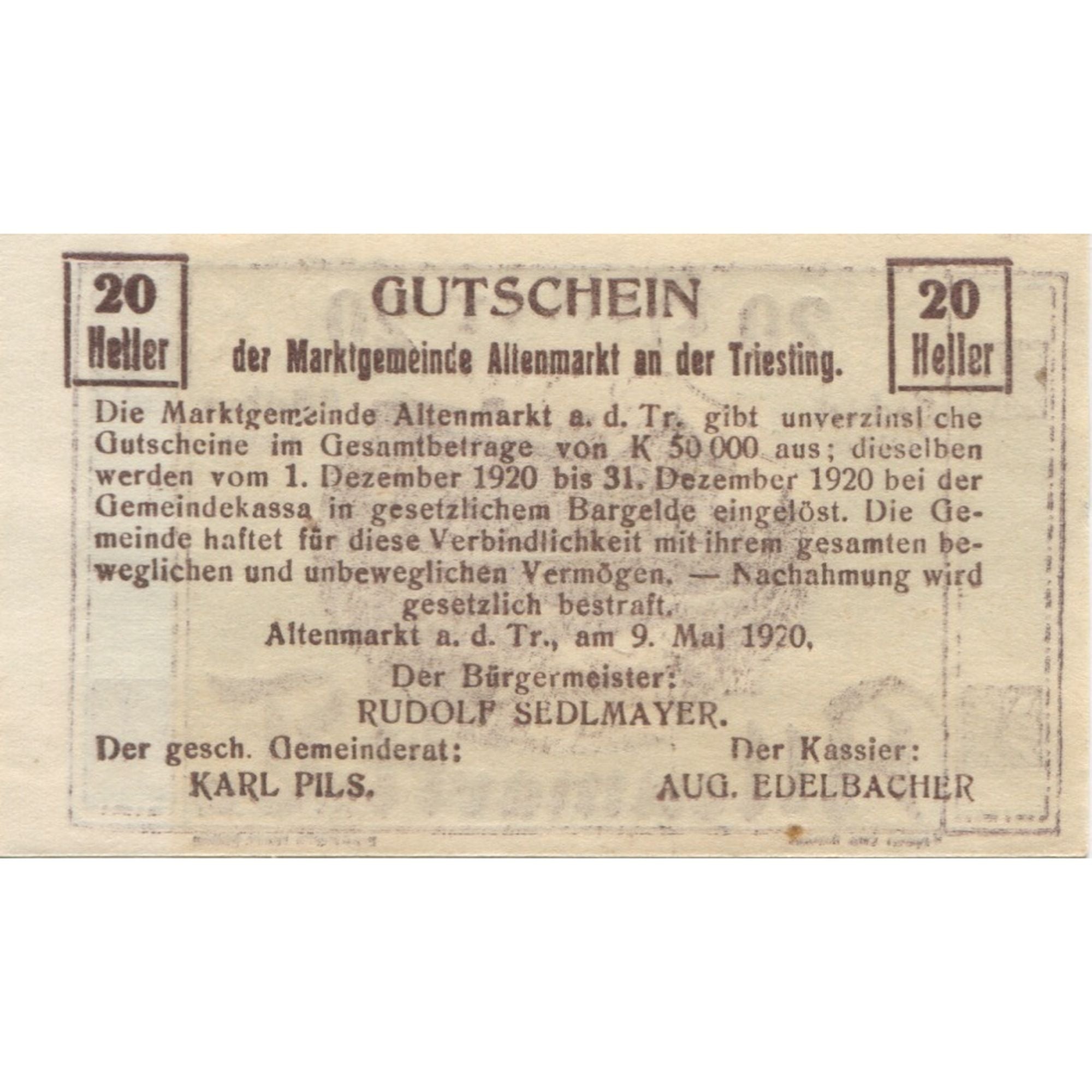 Banknote, Austria, Altenmarkt, 20 Heller, gare, 1920 UNC(63) Mehl:FS 29a
