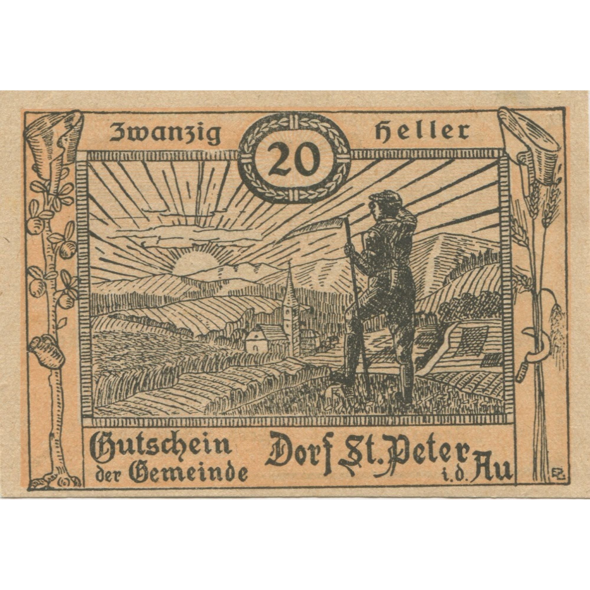 Banknote Austria St Peter I/d Au, 20 Heller, champs, 1920 UNC(63) Mehl:FS 923Aa
