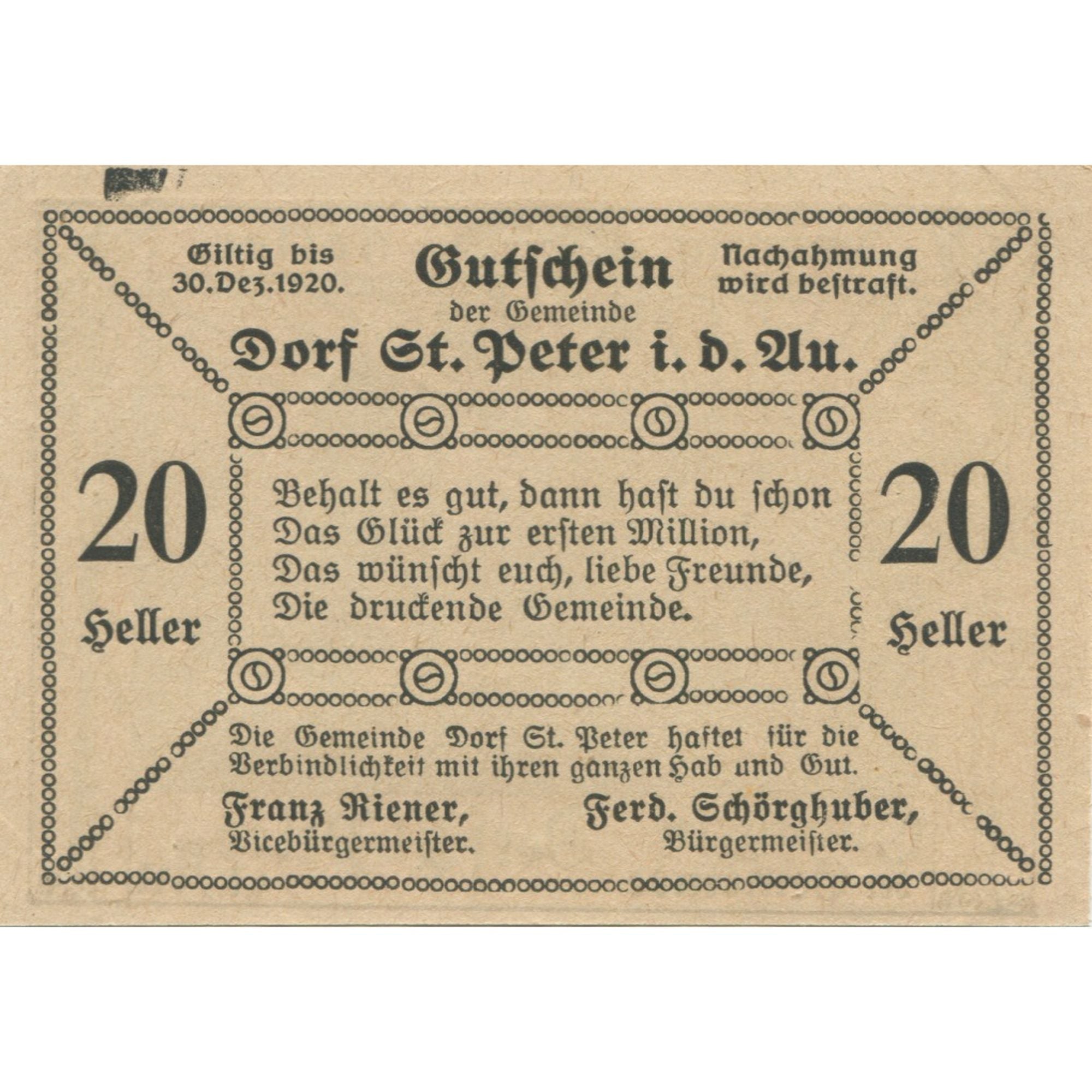 Banknote Austria St Peter I/d Au, 20 Heller, champs, 1920 UNC(63) Mehl:FS 923Aa