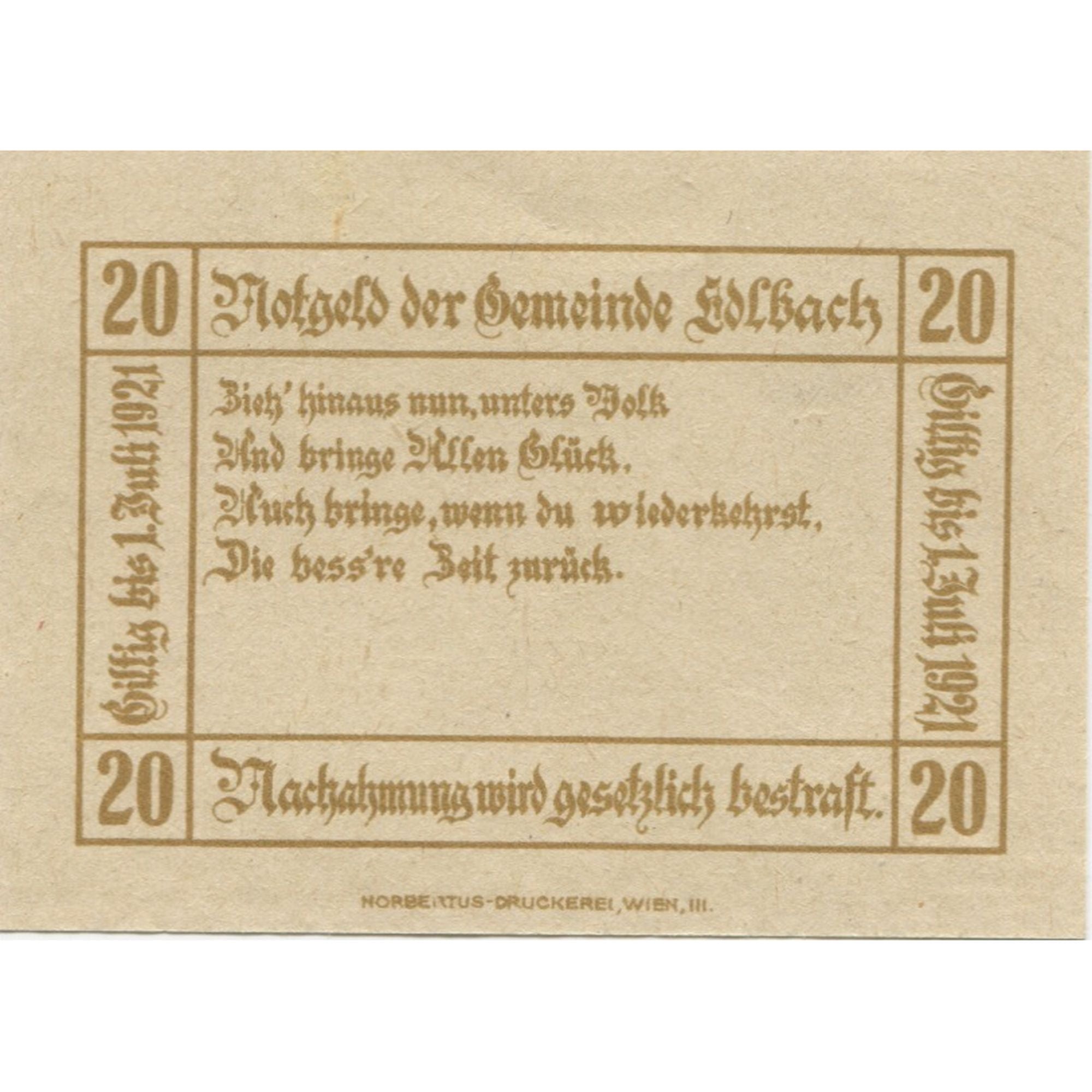 Banknote, Austria, edlbach, 20 Heller, Texte 1921-07-01, UNC(63), Mehl:FS 150a