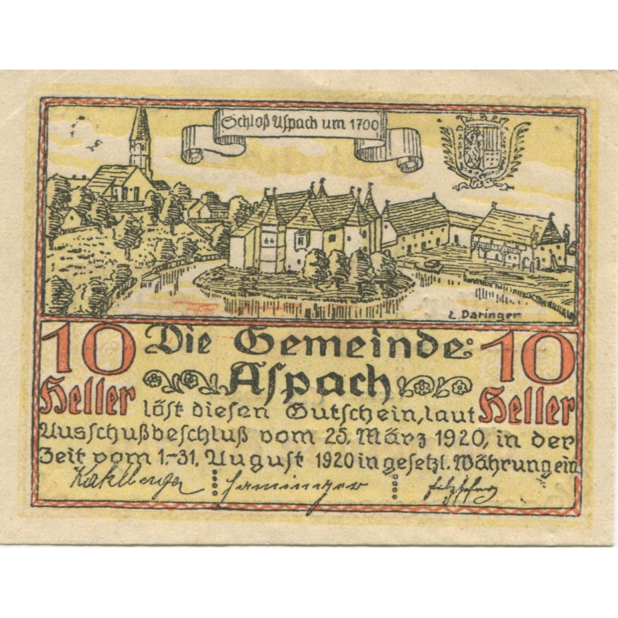 Banconote, Austria, Aspach, 10 Heller, château 1920-08-31, SPL, Mehl:FS 57a