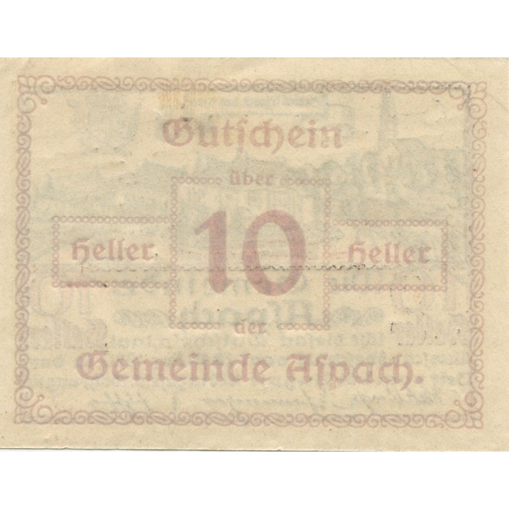 Banconote, Austria, Aspach, 10 Heller, château 1920-08-31, SPL, Mehl:FS 57a