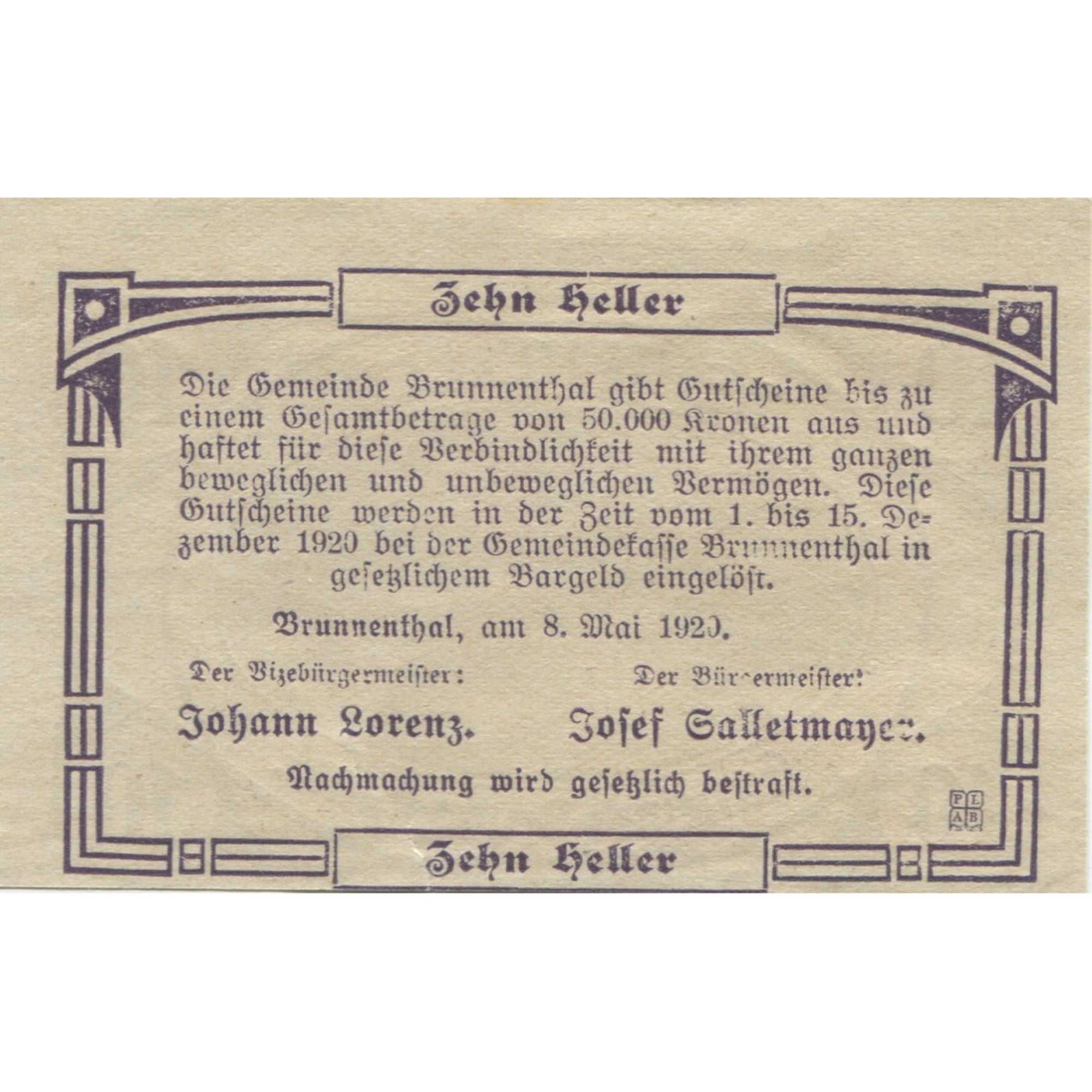 Banknote, Austria, Brunnenthal, 10 Heller, ferme 1920 UNC(63) Mehl:FS 111a