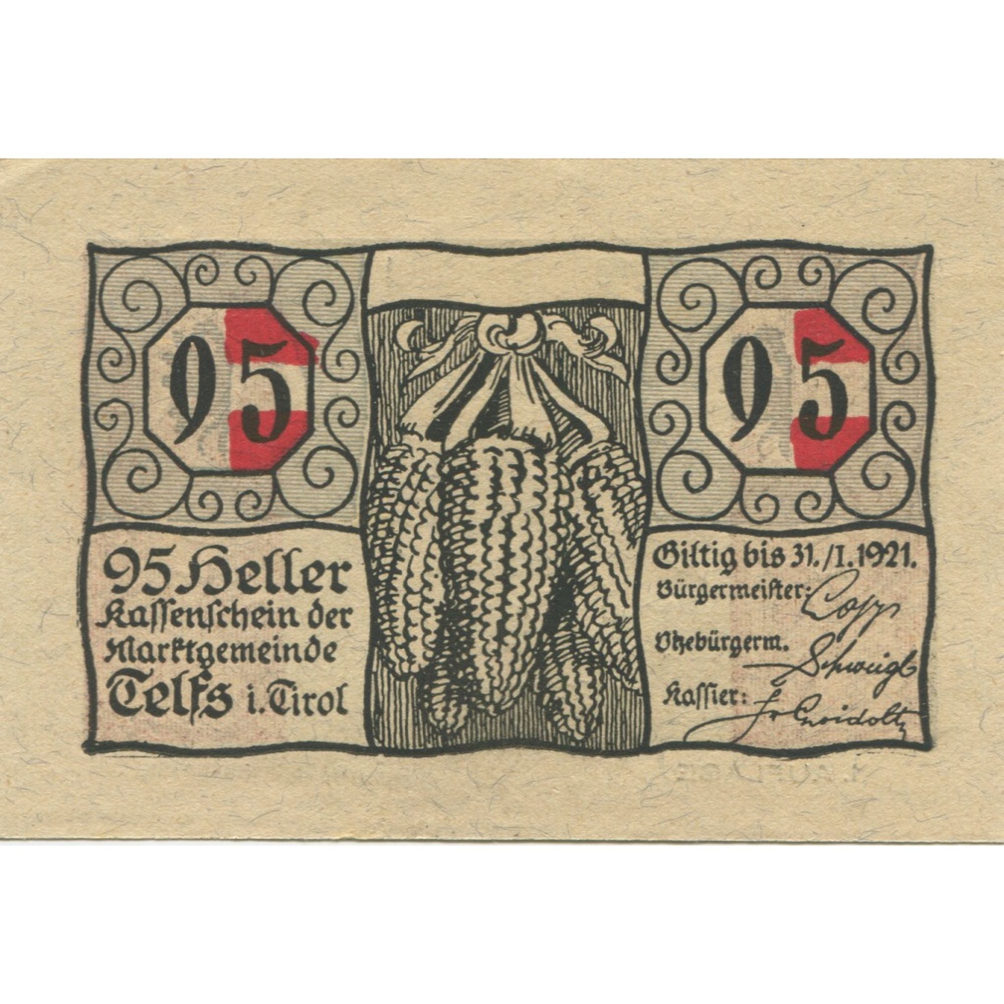 Banknote, Austria, Telfs, 95 Heller, blé 1921-01-31, UNC(63), Mehl:FS 1061a