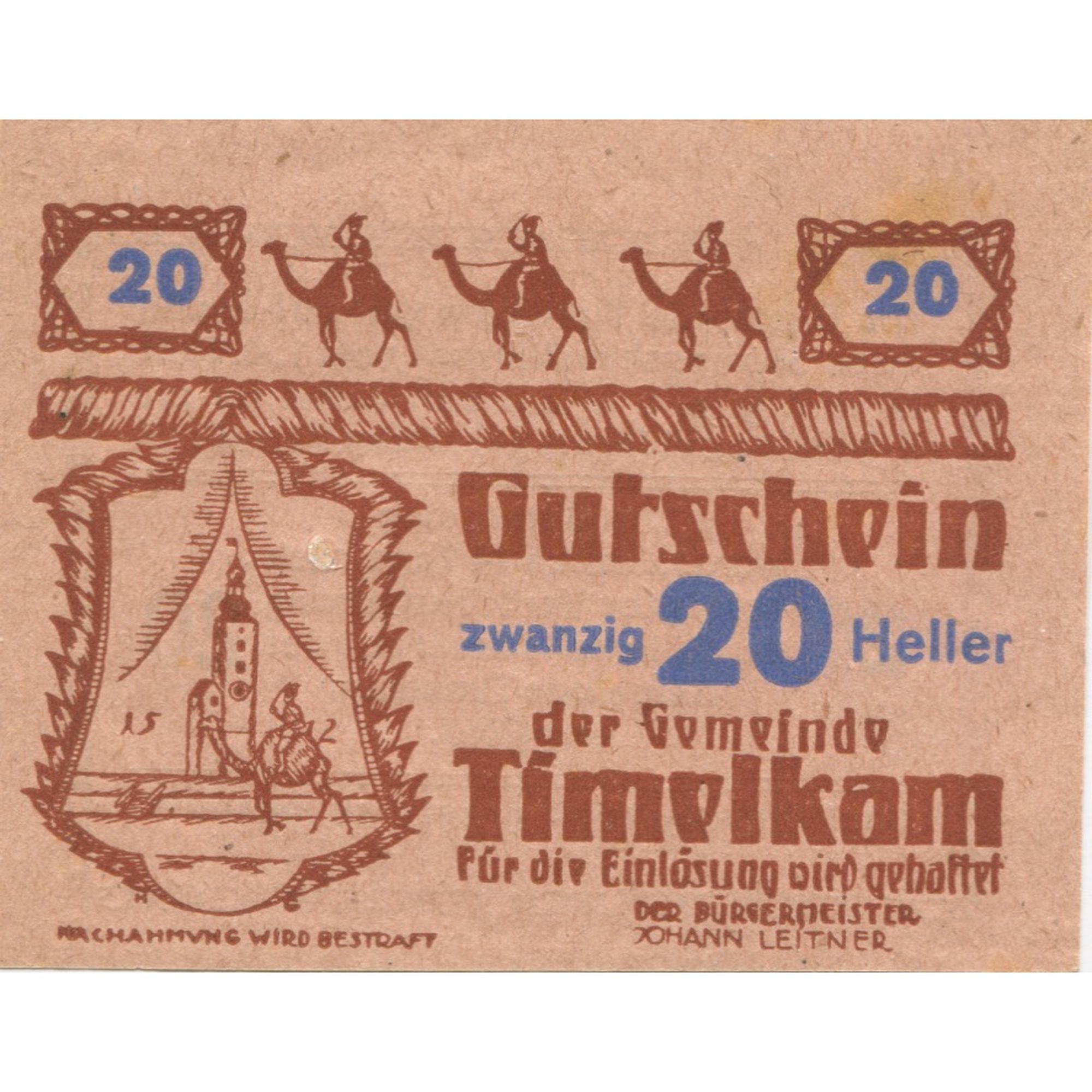 Banknote, Austria, Timelkam, 20 Heller, Blason, 1920, UNC(63), Mehl:FS 1072