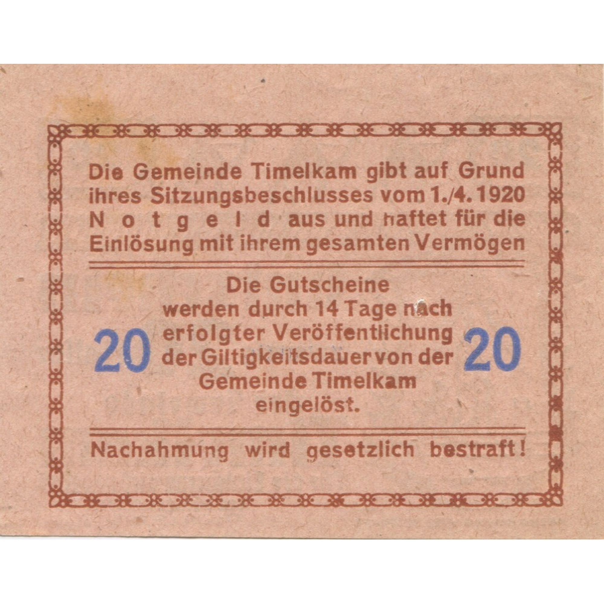 Banknote, Austria, Timelkam, 20 Heller, Blason, 1920, UNC(63), Mehl:FS 1072