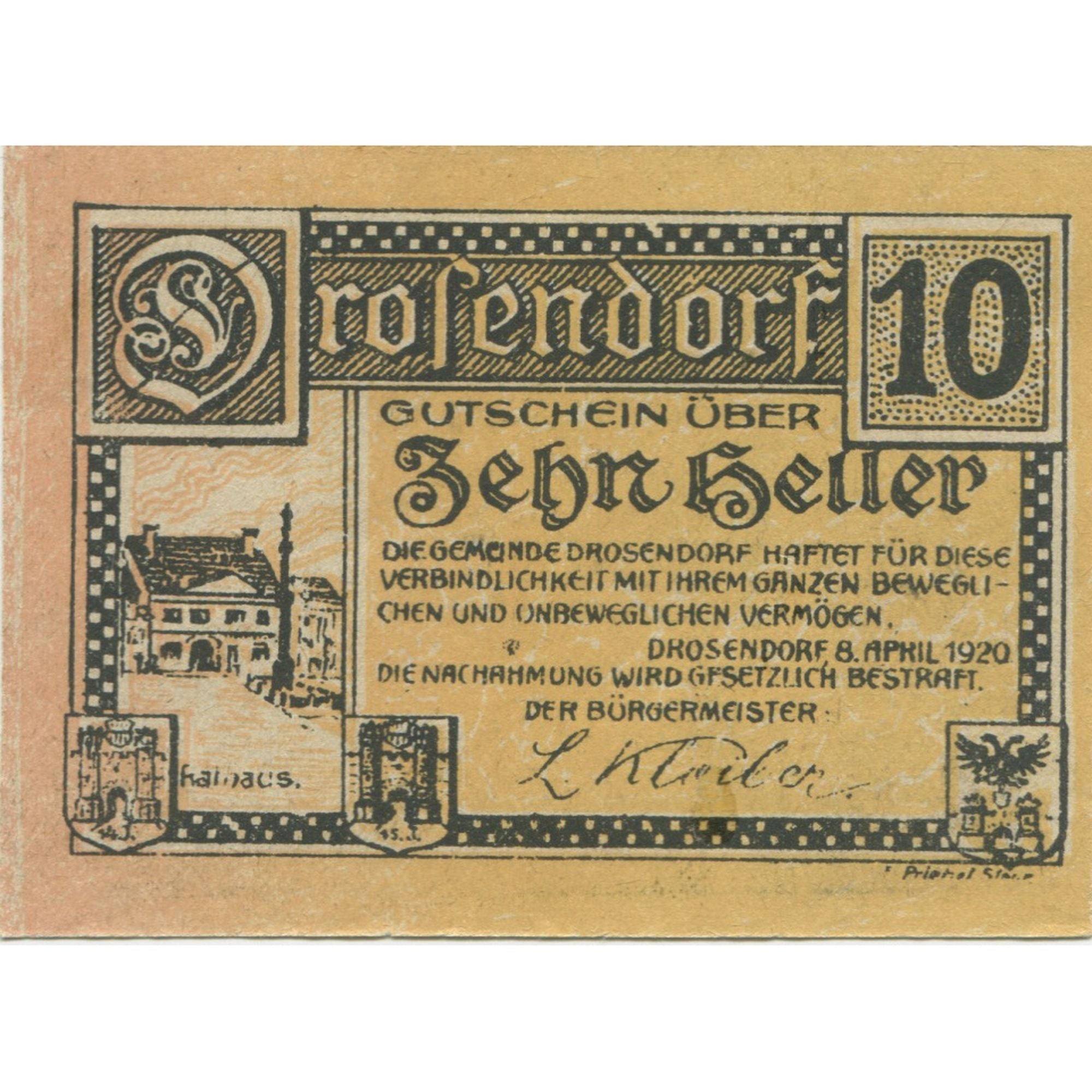 Banknote, Austria, Drosendorf, 10 Heller, village, 1920, UNC(63), Mehl:FS 134a