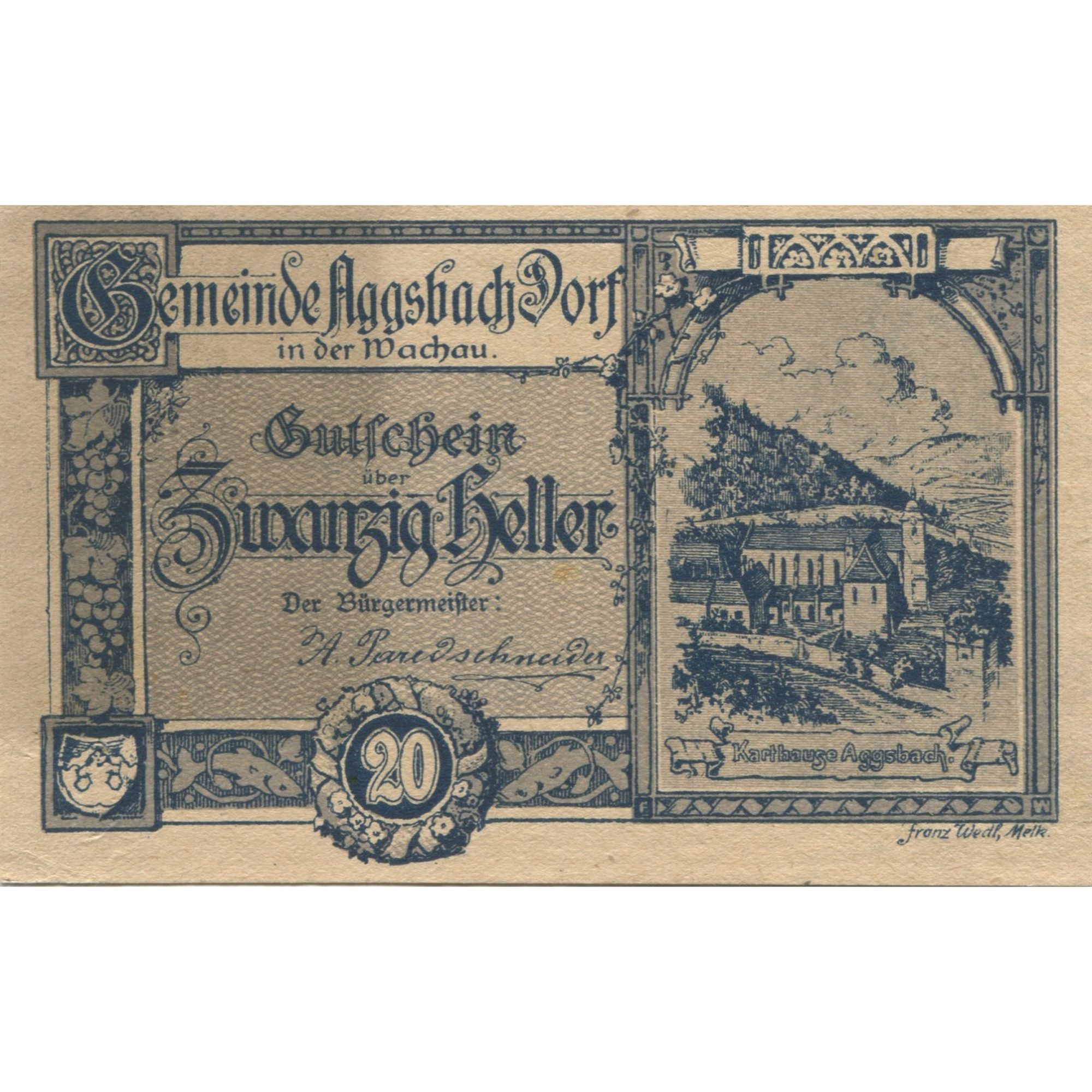 Banknote, Austria, Aggsbach Dorf, 20 Heller, Eglise, 1920 UNC(63) Mehl:FS 8a