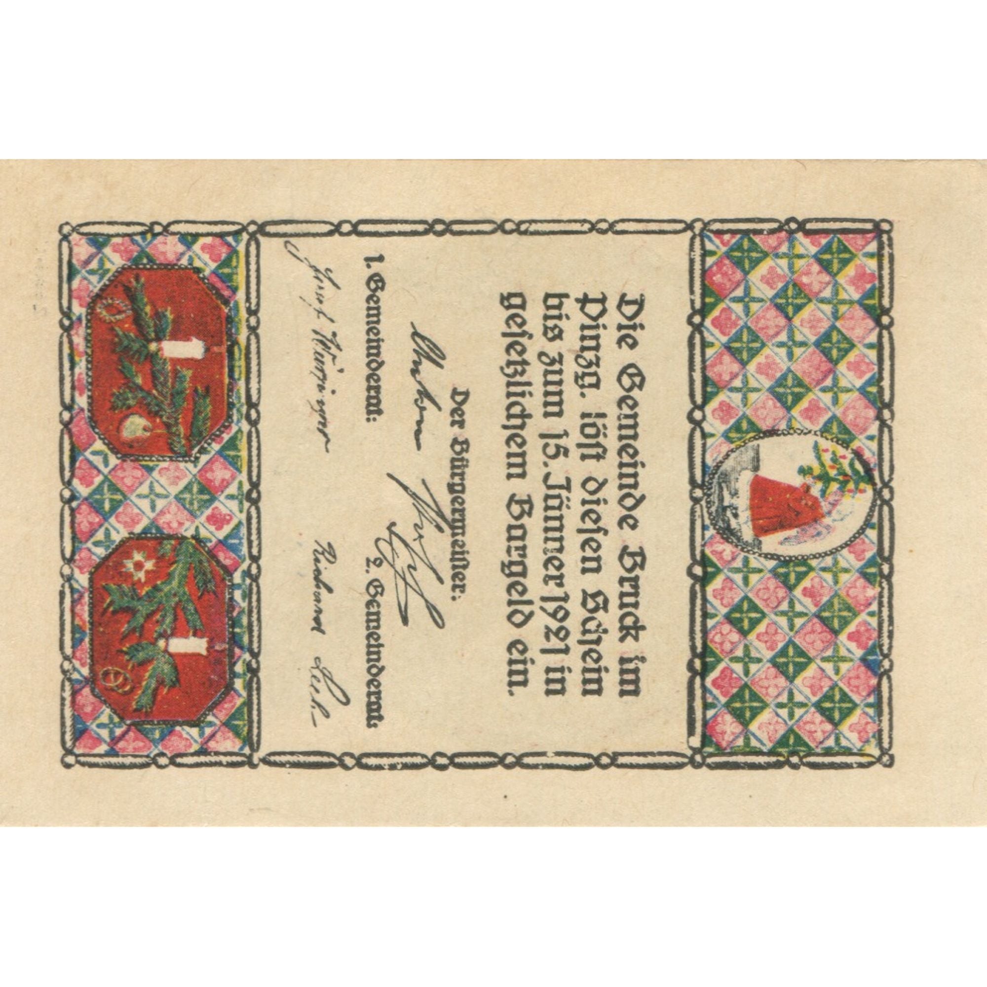 Banknote, Austria, Bruck, 90 Heller, personnage, 1921 UNC(63) Mehl:FS 107IIIa