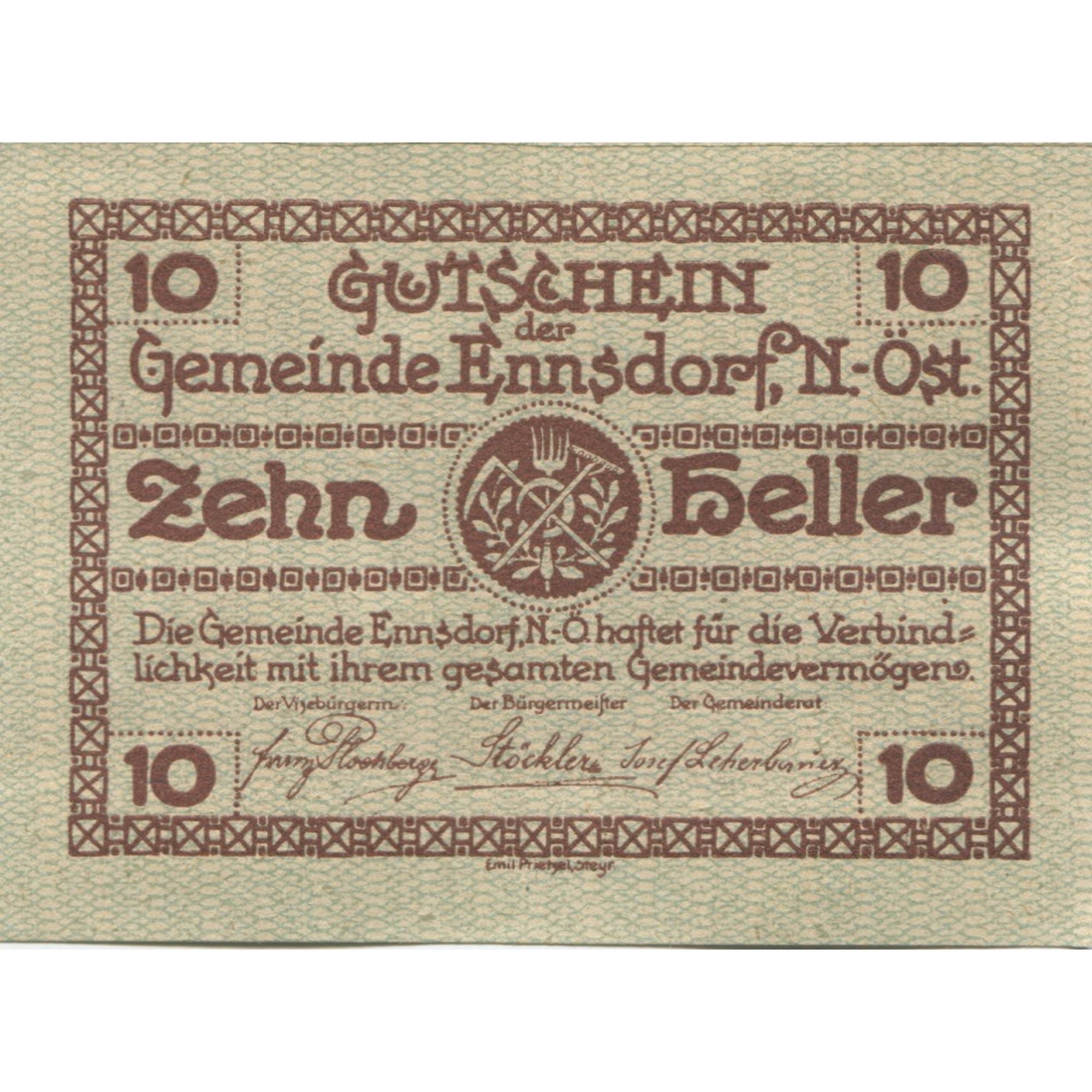 Banknote, Austria, Ennsdorf, 10 Heller, ferme, 1920 UNC(63) Mehl:FS 178a