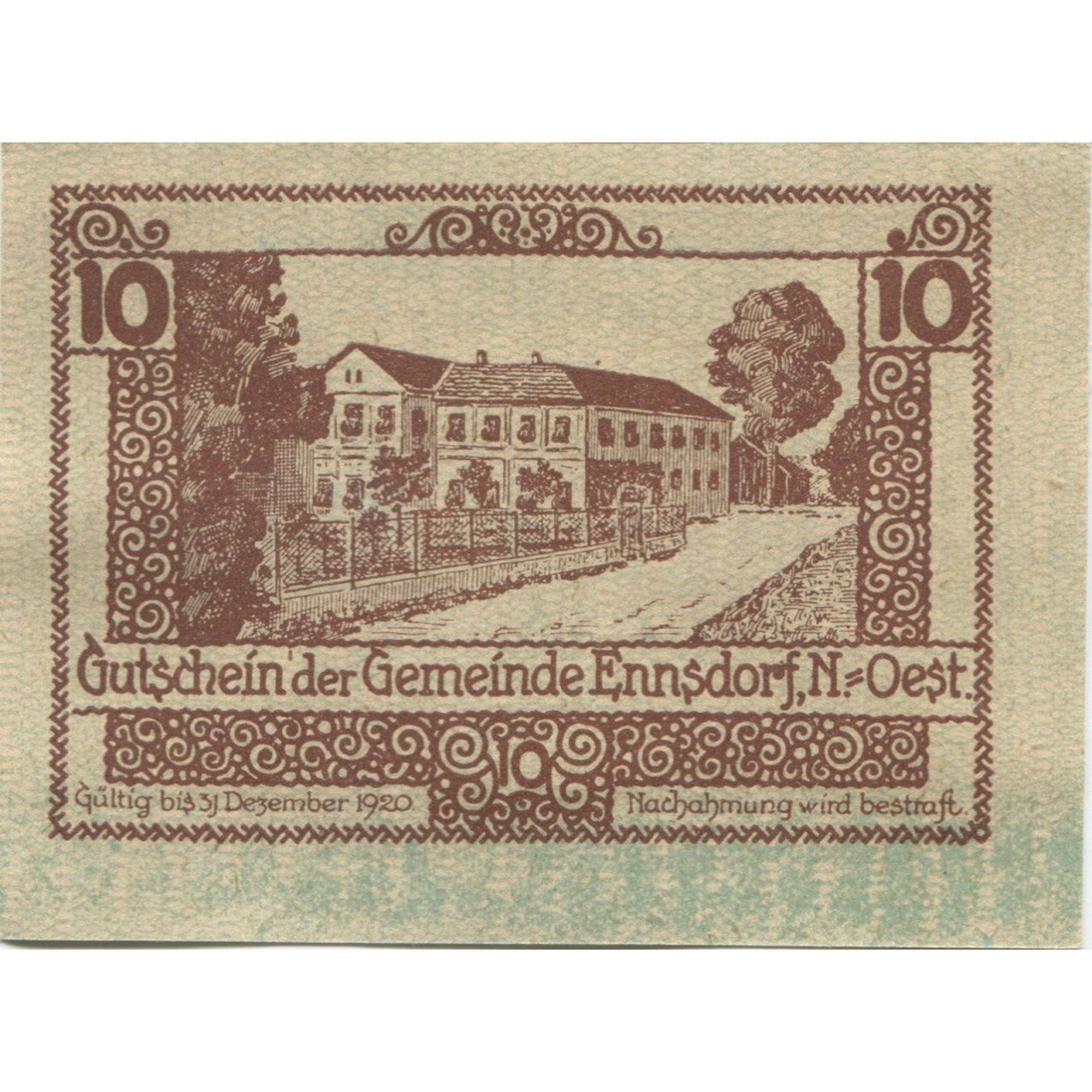 Banknote, Austria, Ennsdorf, 10 Heller, ferme, 1920 UNC(63) Mehl:FS 178a