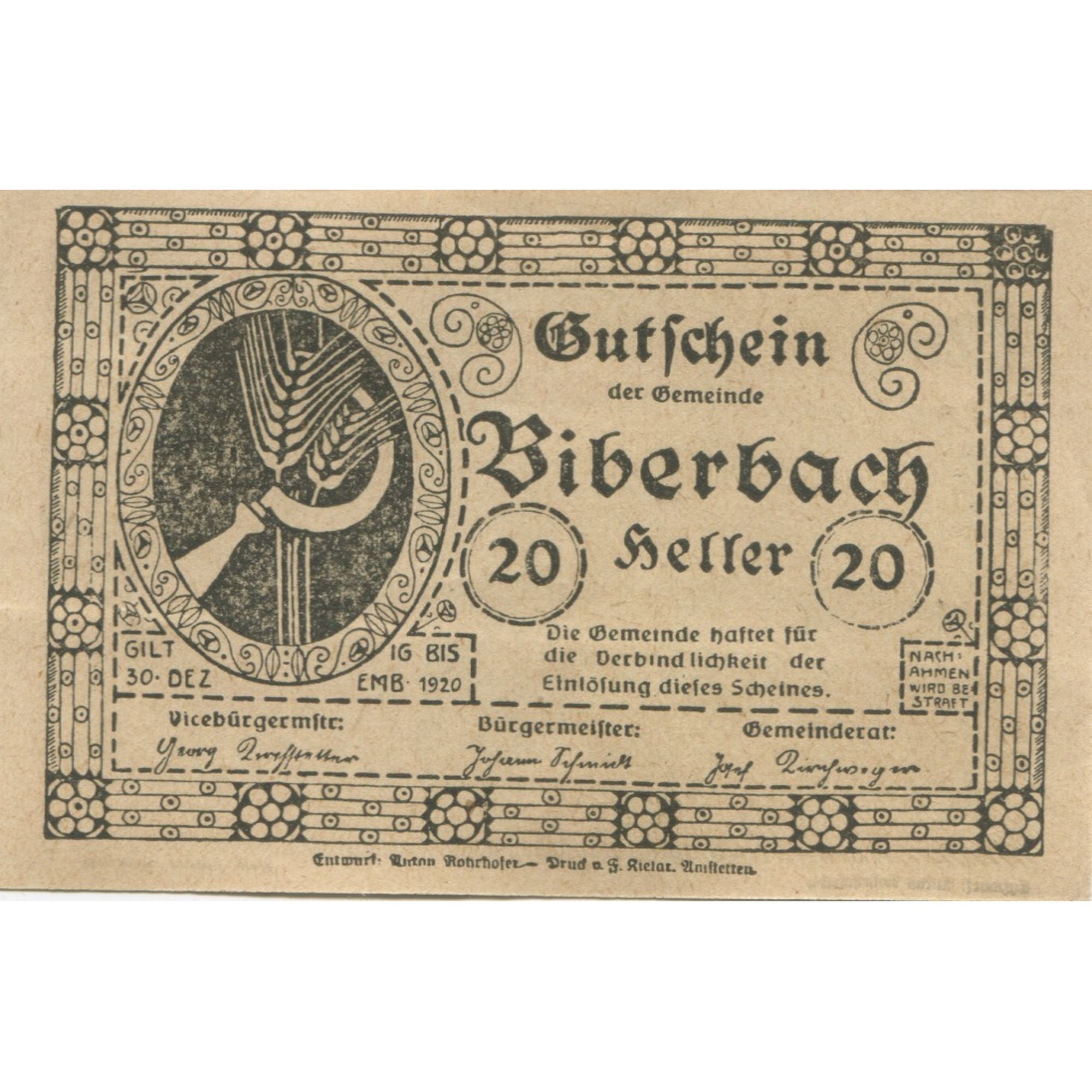 Banknote, Austria, Biberbach, 20 Heller, épis, 1920, UNC(63) Mehl:FS 86IIc
