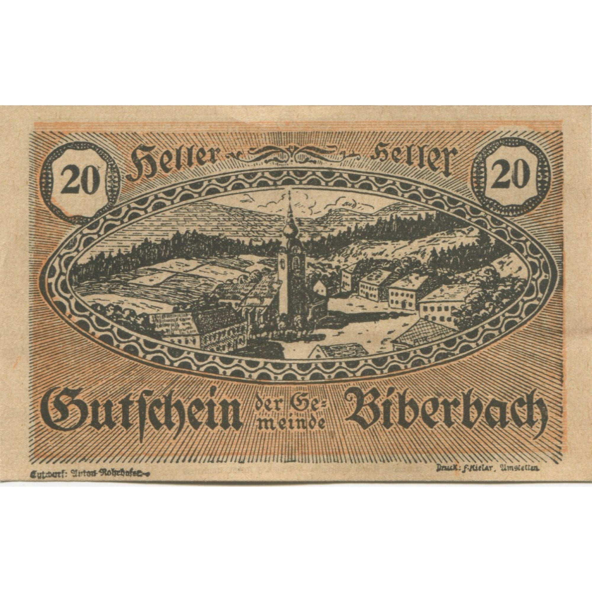 Banknote, Austria, Biberbach, 20 Heller, épis, 1920, UNC(63) Mehl:FS 86IIc