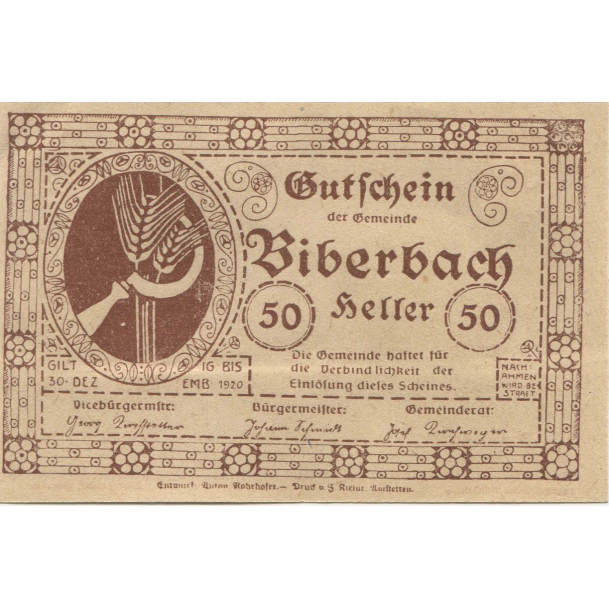 Banknote, Austria, Biberbach, 50 Heller, village, 1920 UNC(63) Mehl:FS 86IIc