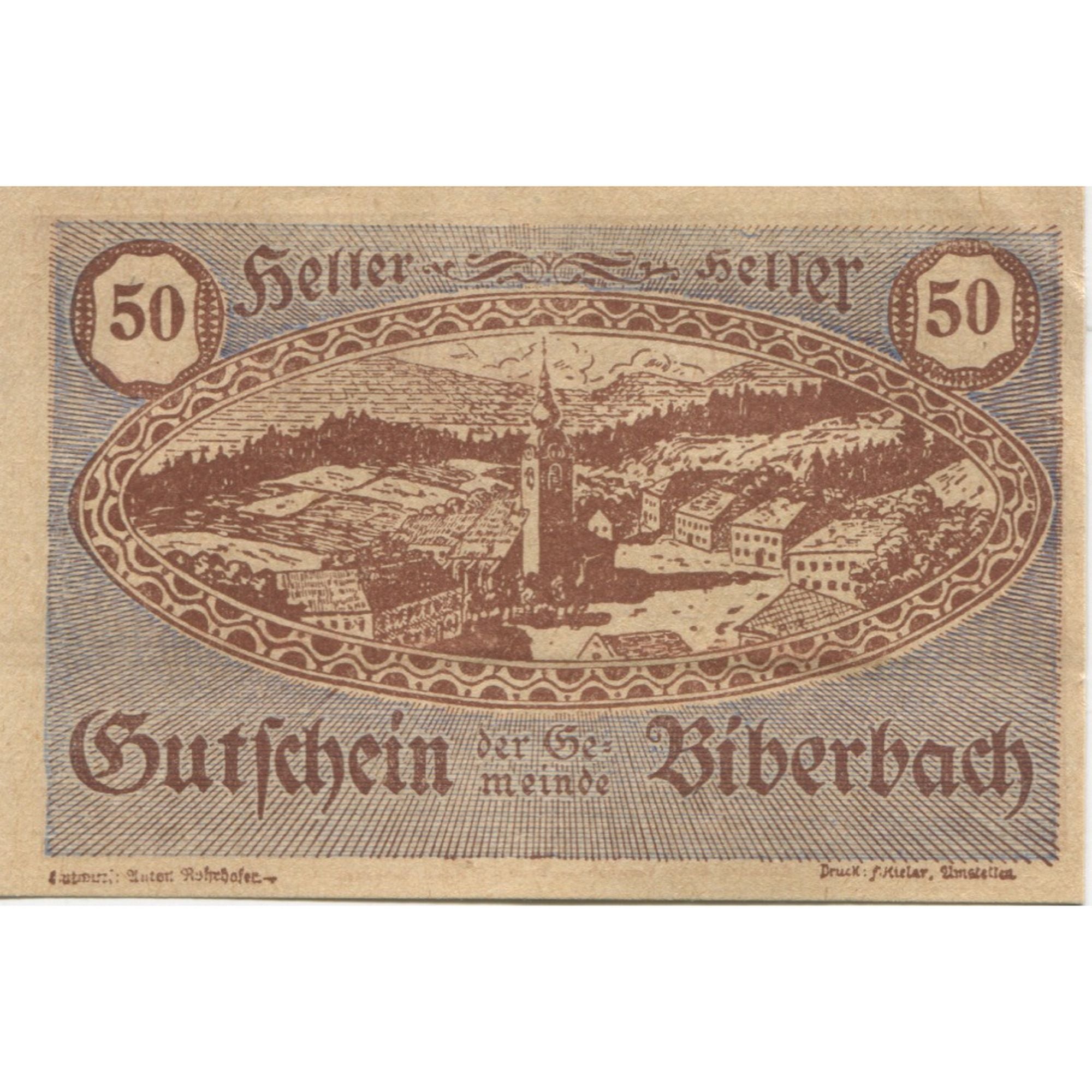 Banknote, Austria, Biberbach, 50 Heller, village, 1920 UNC(63) Mehl:FS 86IIc