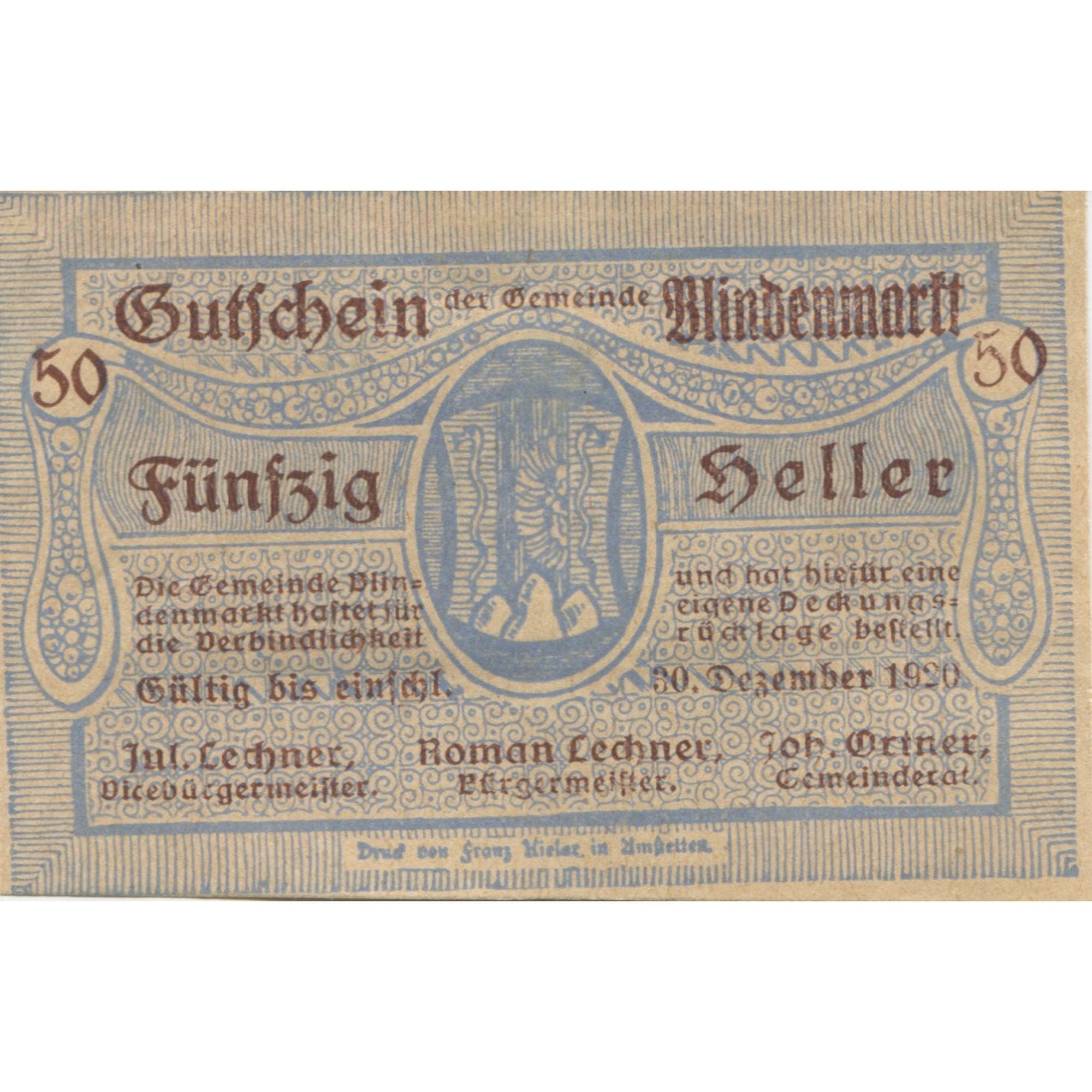 Banknote, Austria, Blindenmarkt, 50 Heller, Blason, 1920 UNC(63) Mehl:FS 93Ia