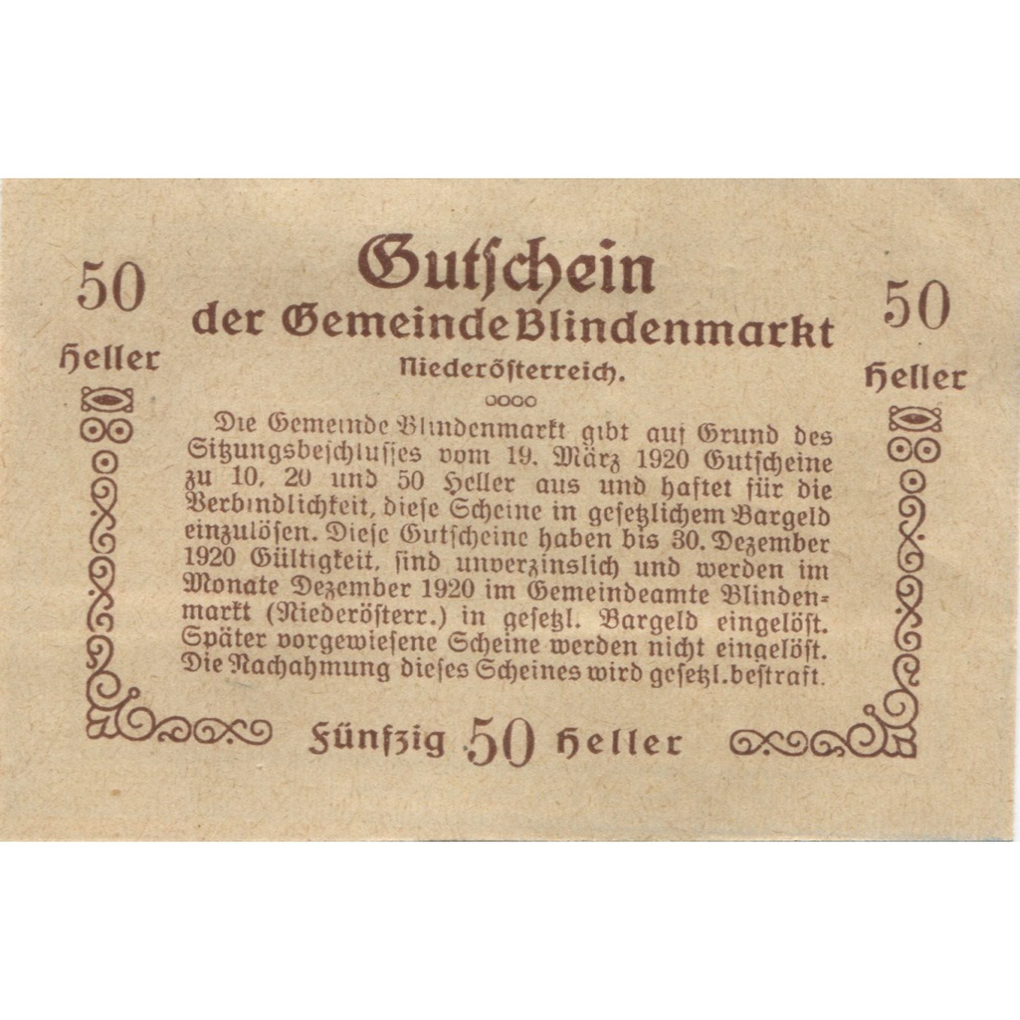 Banknote, Austria, Blindenmarkt, 50 Heller, Blason, 1920 UNC(63) Mehl:FS 93Ia
