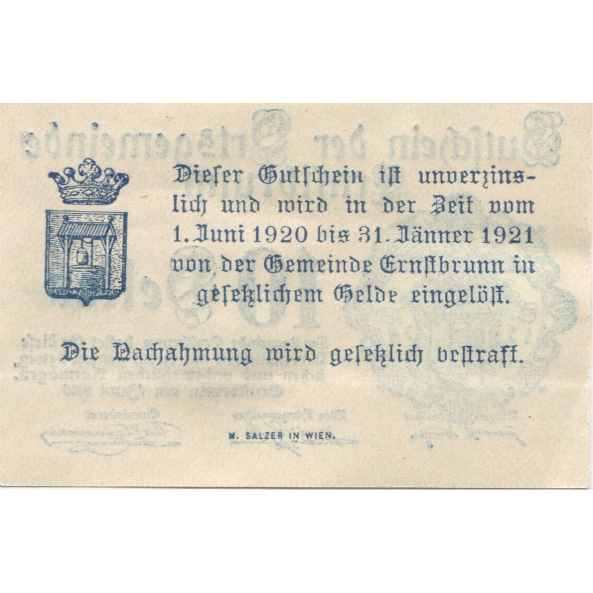 Banknote, Austria, Ernstbrunn, 10 Heller, Blason 1921 UNC(63) Mehl:FS 183a