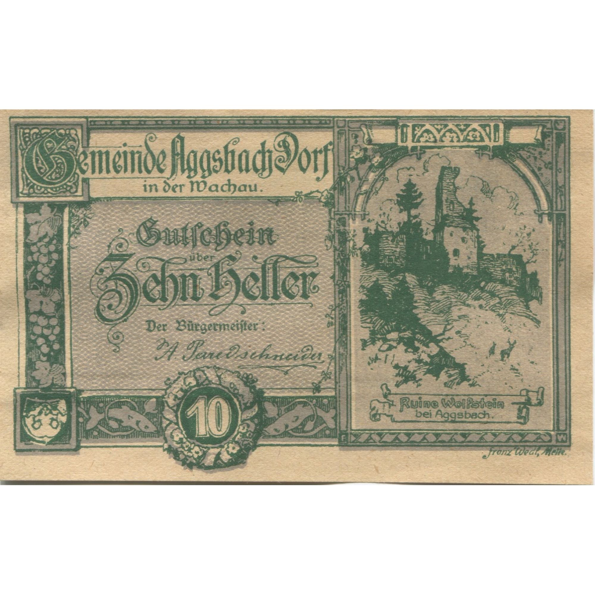 Banknote, Austria, Aggsbach, 10 Heller, ruine, 1920 UNC(63) Mehl:FS 8a
