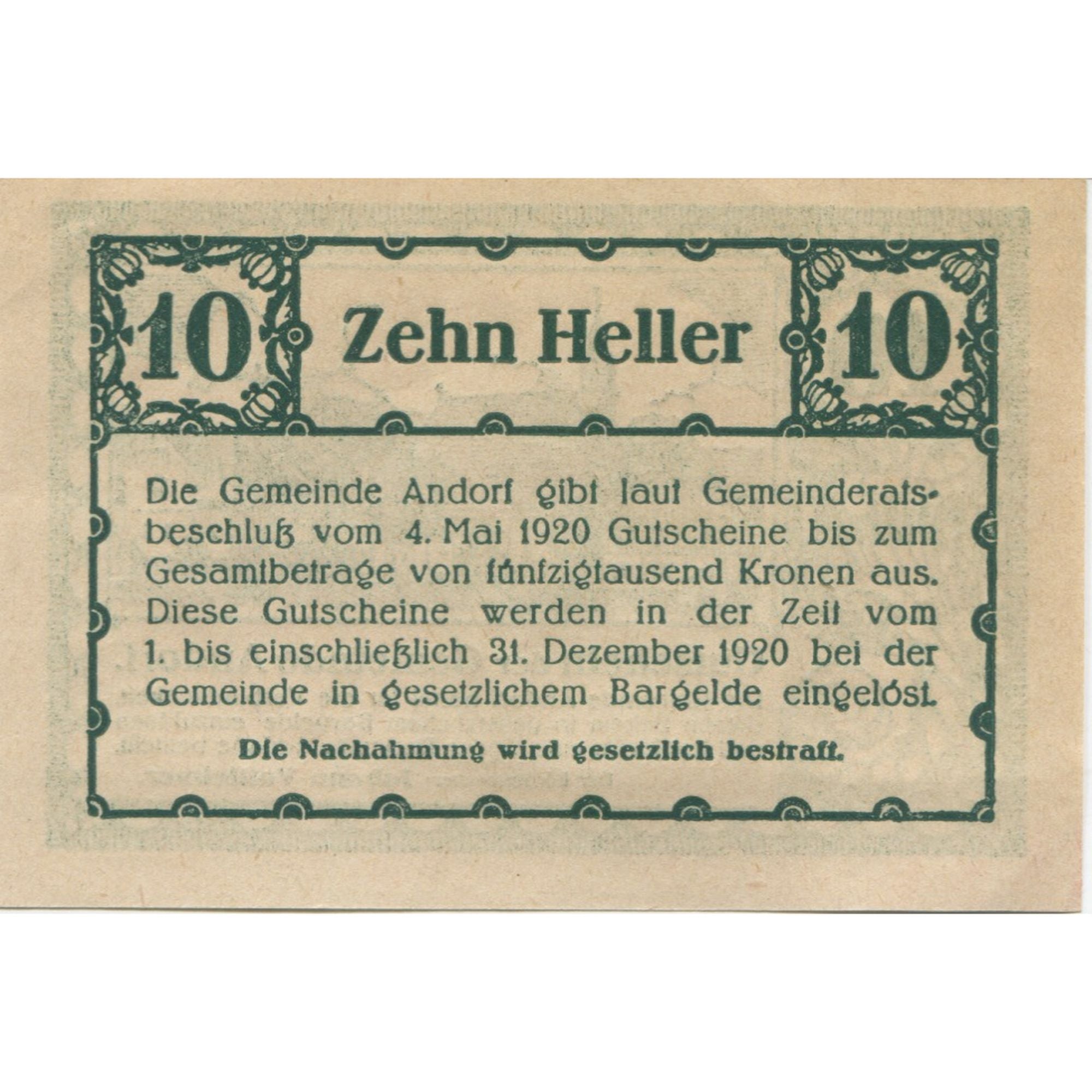 Billete, Austria, Andorf, 10 Heller, village, 1920, 1920-12-31, SC, Mehl:FS 40b