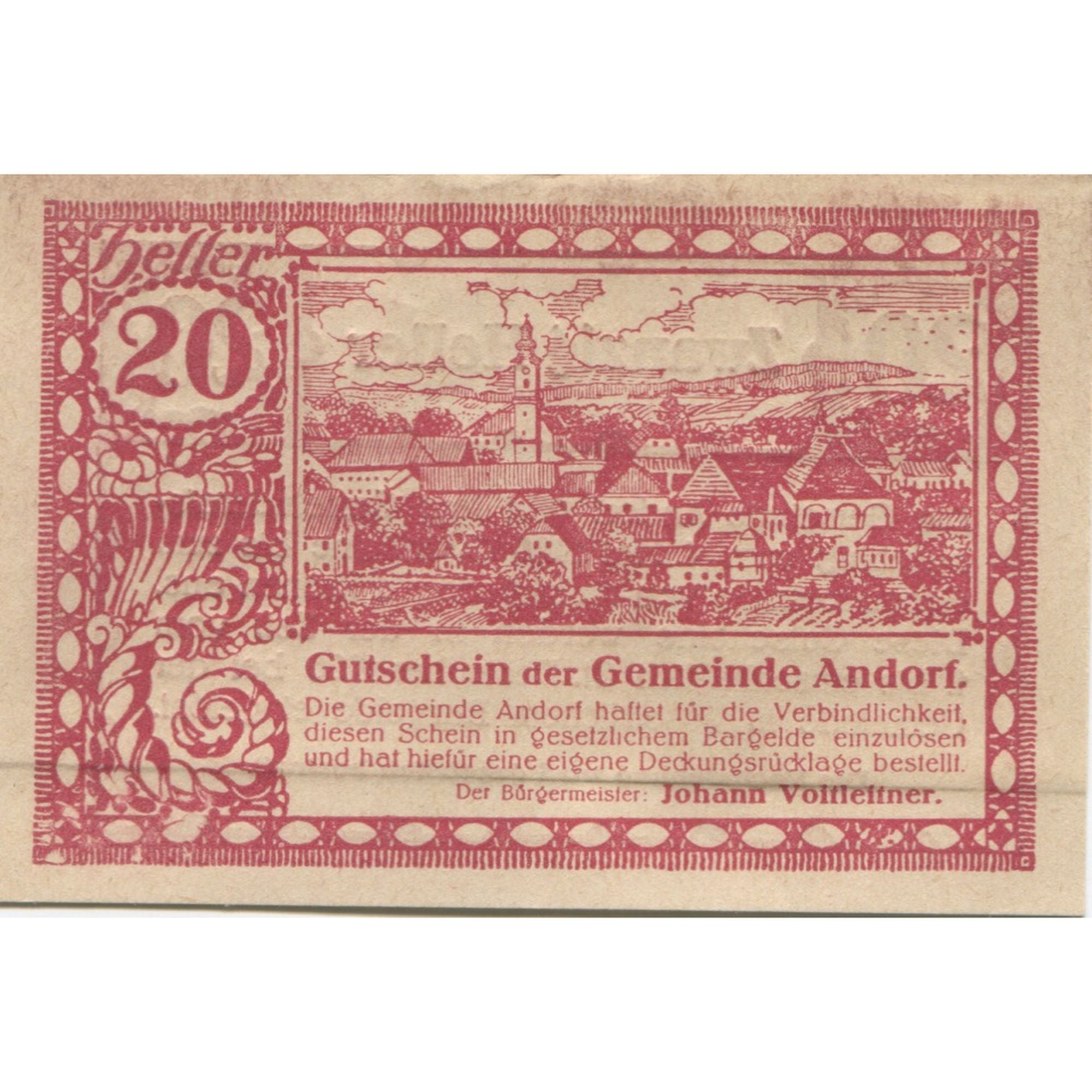 Banknote, Austria, Andorf, 20 Heller, Eglise 1920-12-31, UNC(63), Mehl:FS 40b