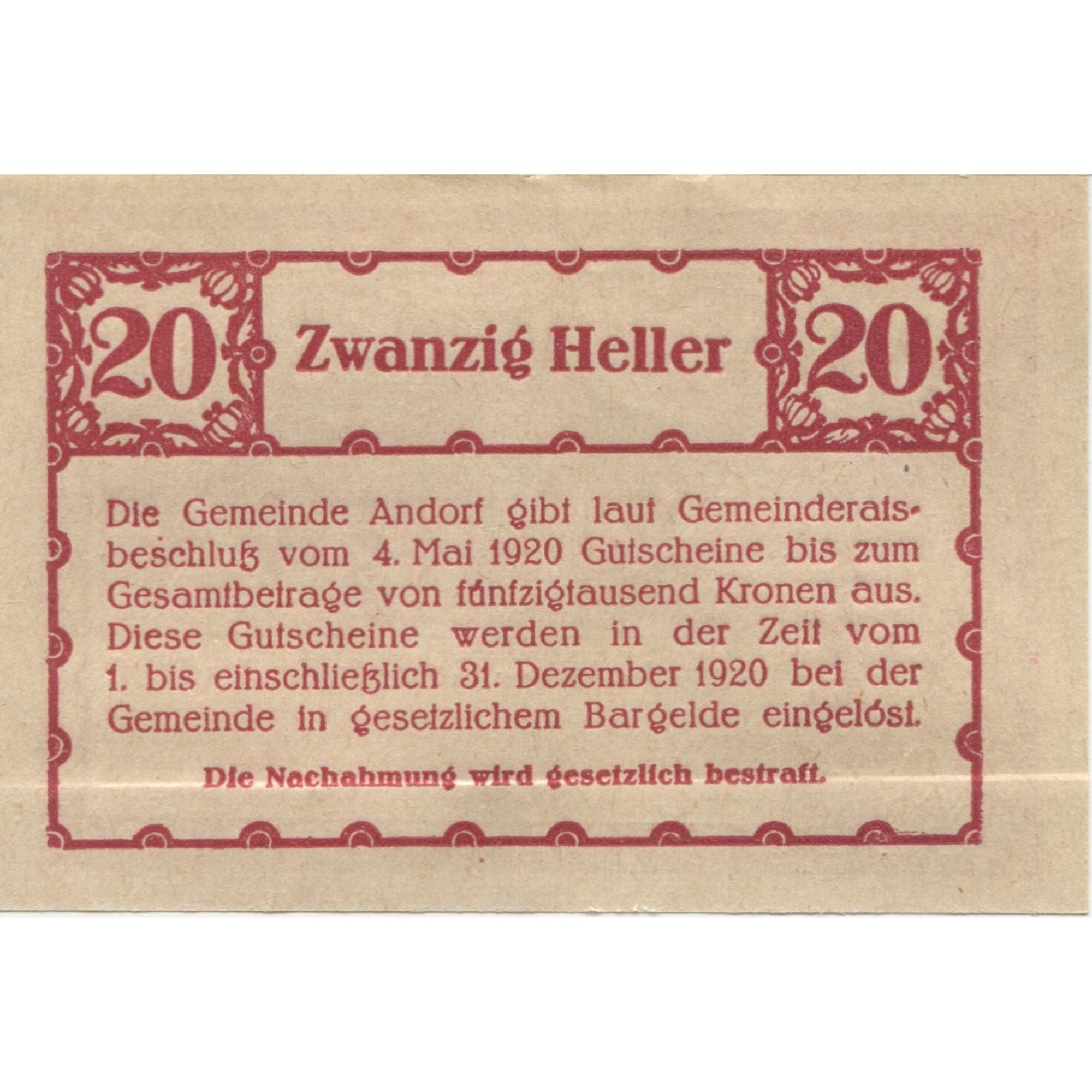 Banknote, Austria, Andorf, 20 Heller, Eglise 1920-12-31, UNC(63), Mehl:FS 40b