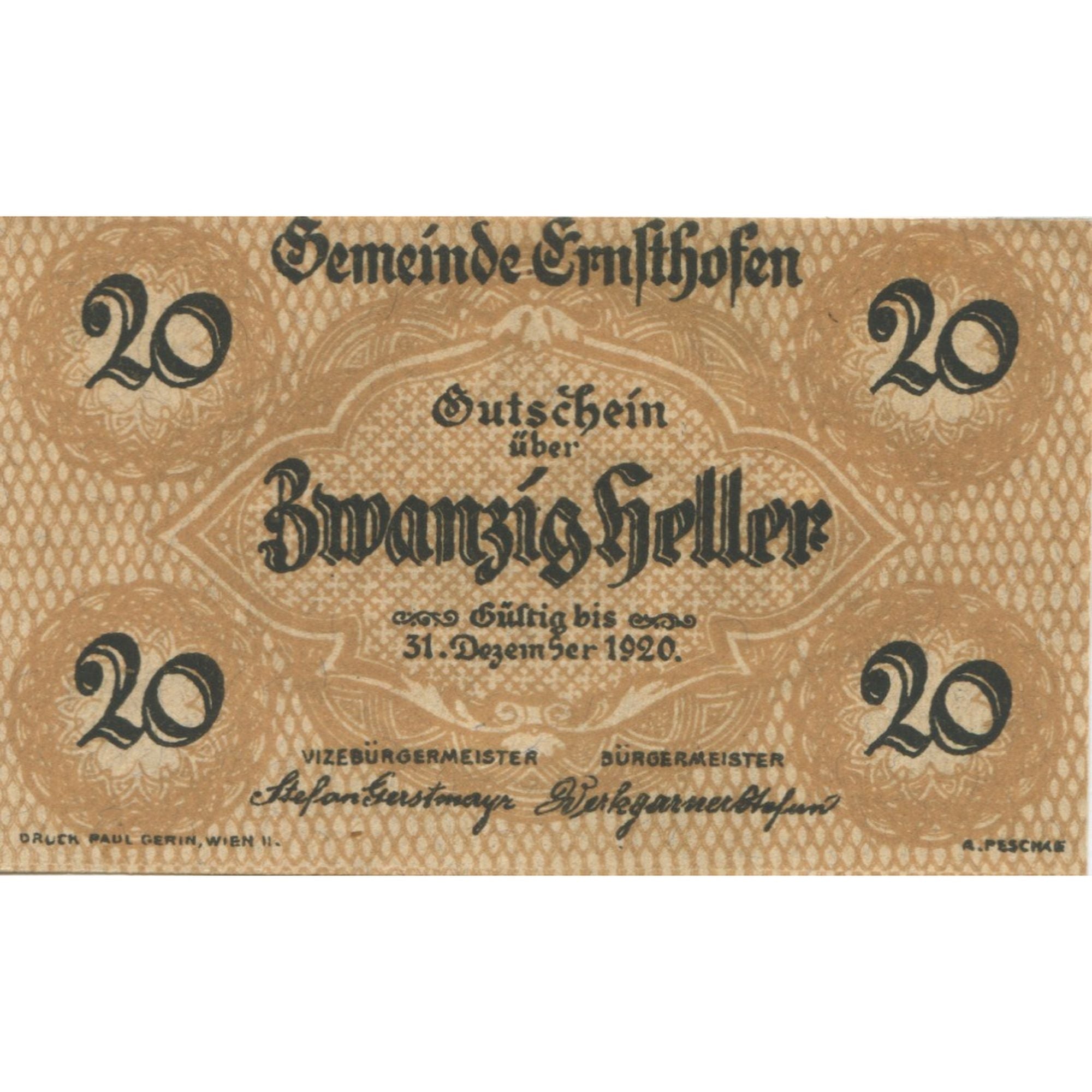 Banknote, Austria, Ernsthofen, 20 Heller, Eglise, 1920, UNC(63) Mehl:FS 184a