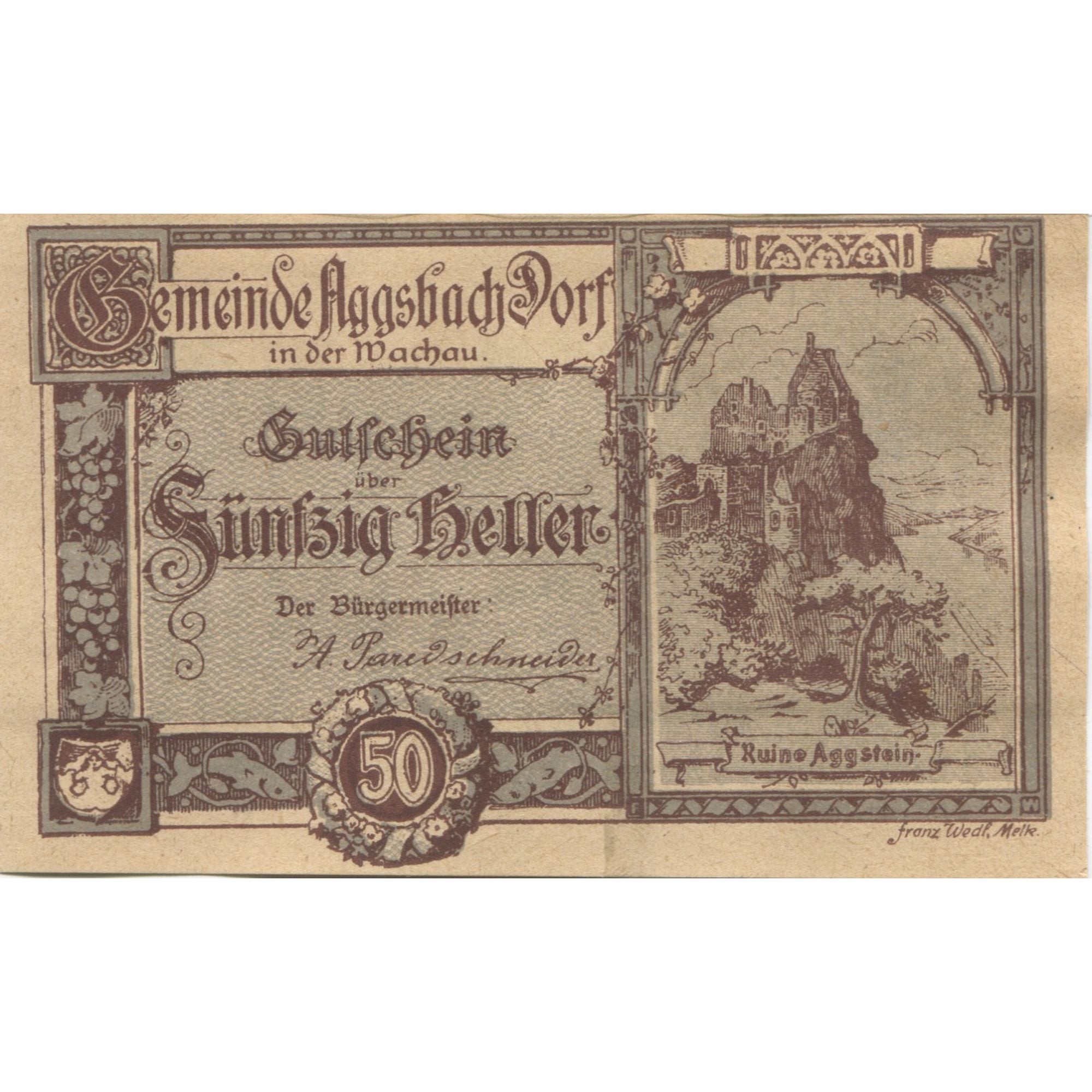 Banknote, Austria, Aggsbach, 50 Heller, ruine 1920-12-31, UNC(63) Mehl:FS 8a