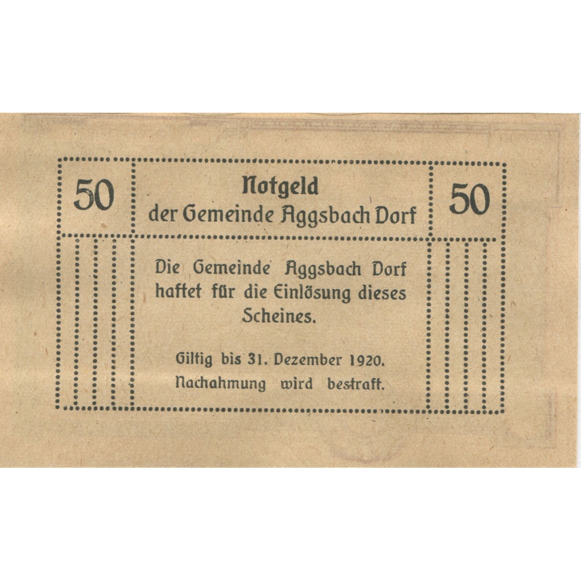 Banknote, Austria, Aggsbach, 50 Heller, ruine 1920-12-31, UNC(63) Mehl:FS 8a