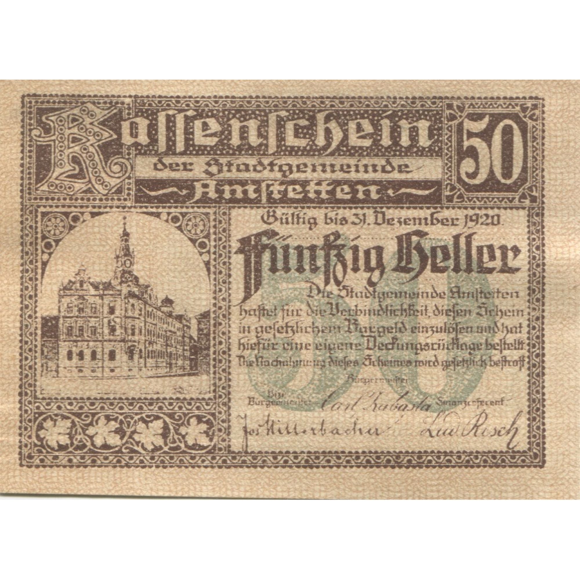 Banknote, Austria, Amstetten, 50 Heller, mairie 1920-12-31, UNC(63) Mehl:FS 37Ia