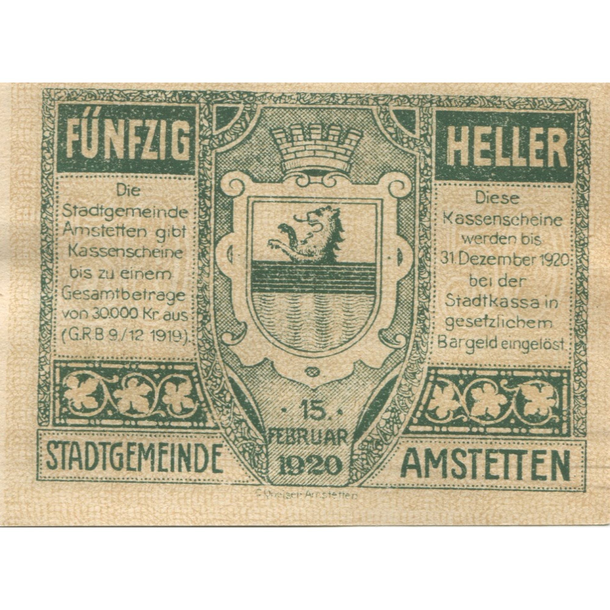 Banknote, Austria, Amstetten, 50 Heller, mairie 1920-12-31, UNC(63) Mehl:FS 37Ia