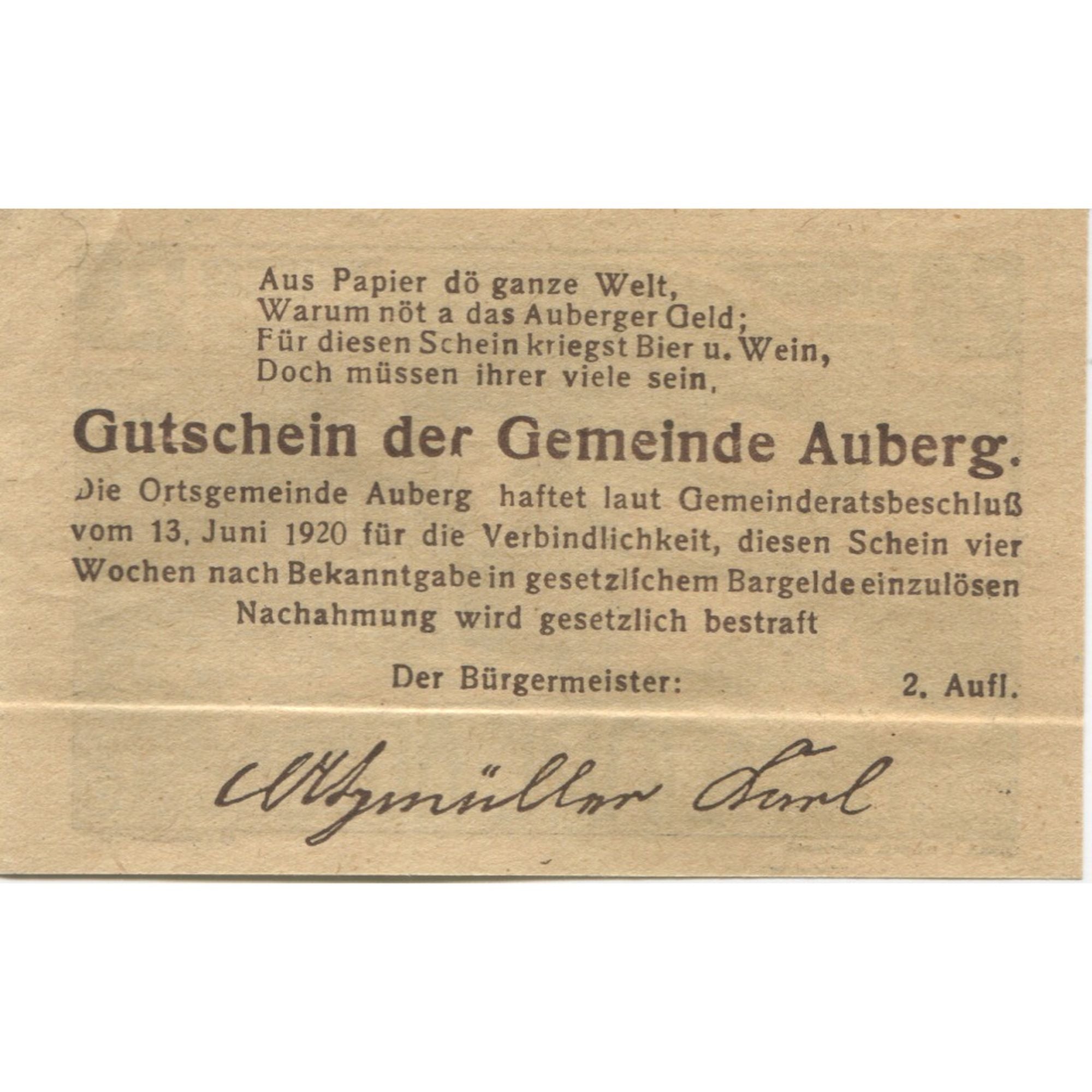Banknote, Austria, Auberg, 20 Heller, Eglise 1920 UNC(63), Mehl:FS 66aA