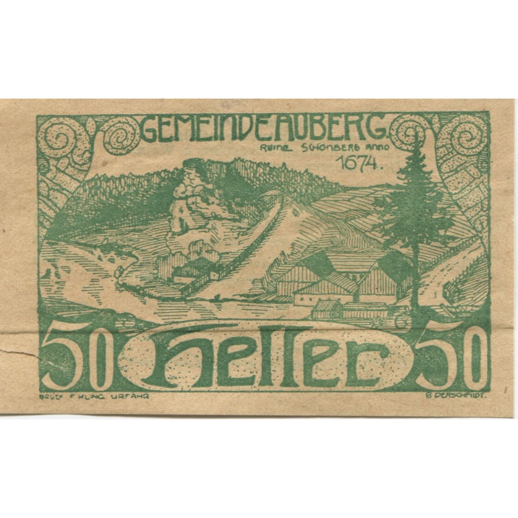Banknote, Austria, Auberg, 50 Heller, montagne, 1920 AU(55-58) Mehl:FS 66aA