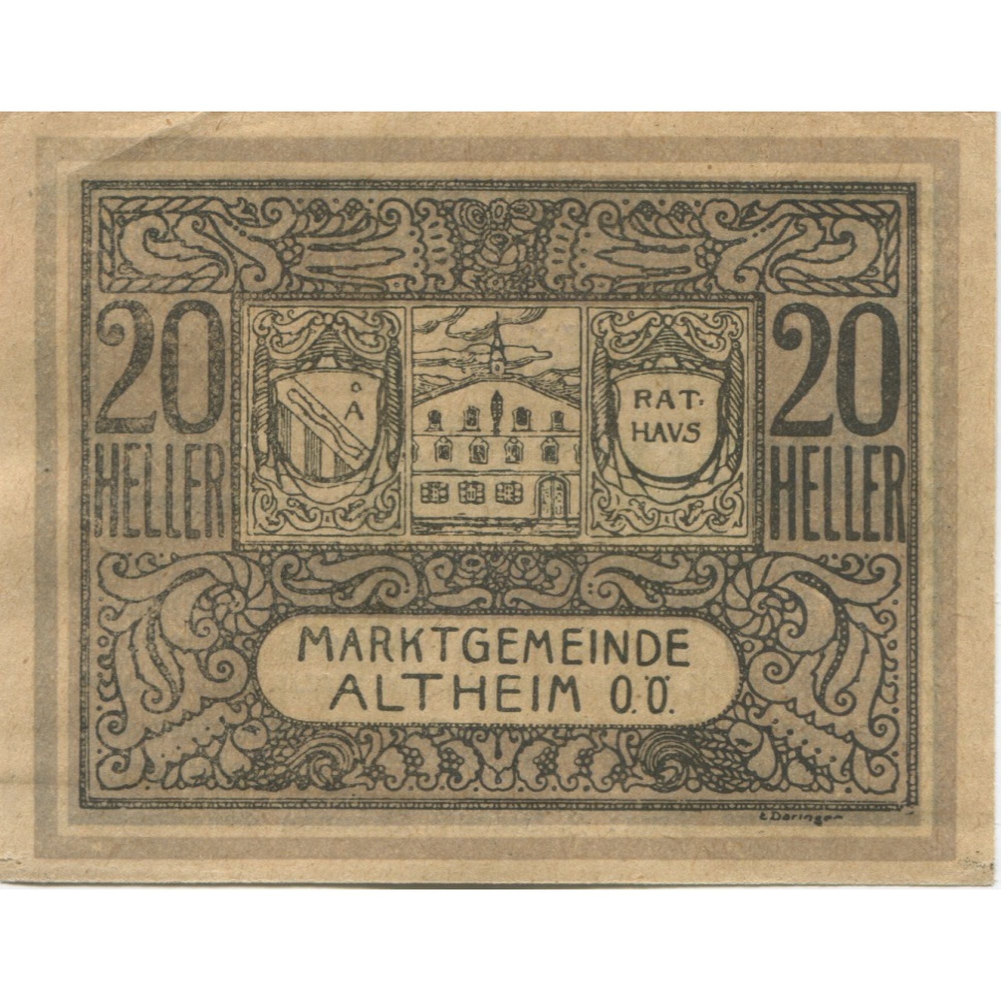 Banknote, Austria, Altheim, 20 Heller, Blason, 1920 UNC(63) Mehl:FS 32aC1
