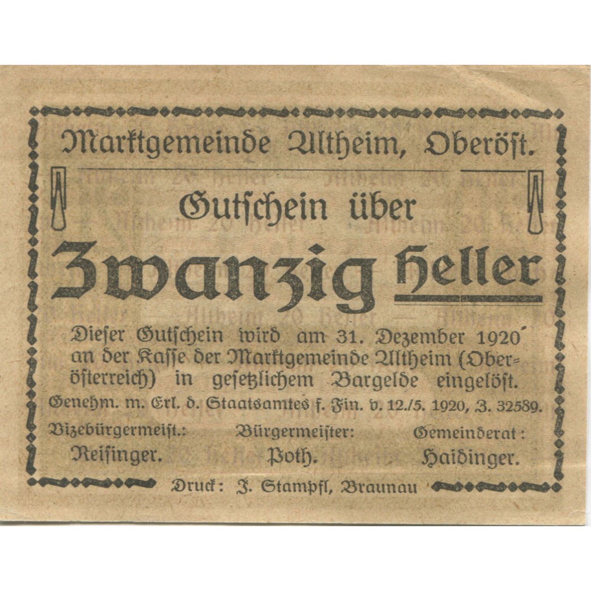 Banknote, Austria, Altheim, 20 Heller, Blason, 1920 UNC(63) Mehl:FS 32aC1