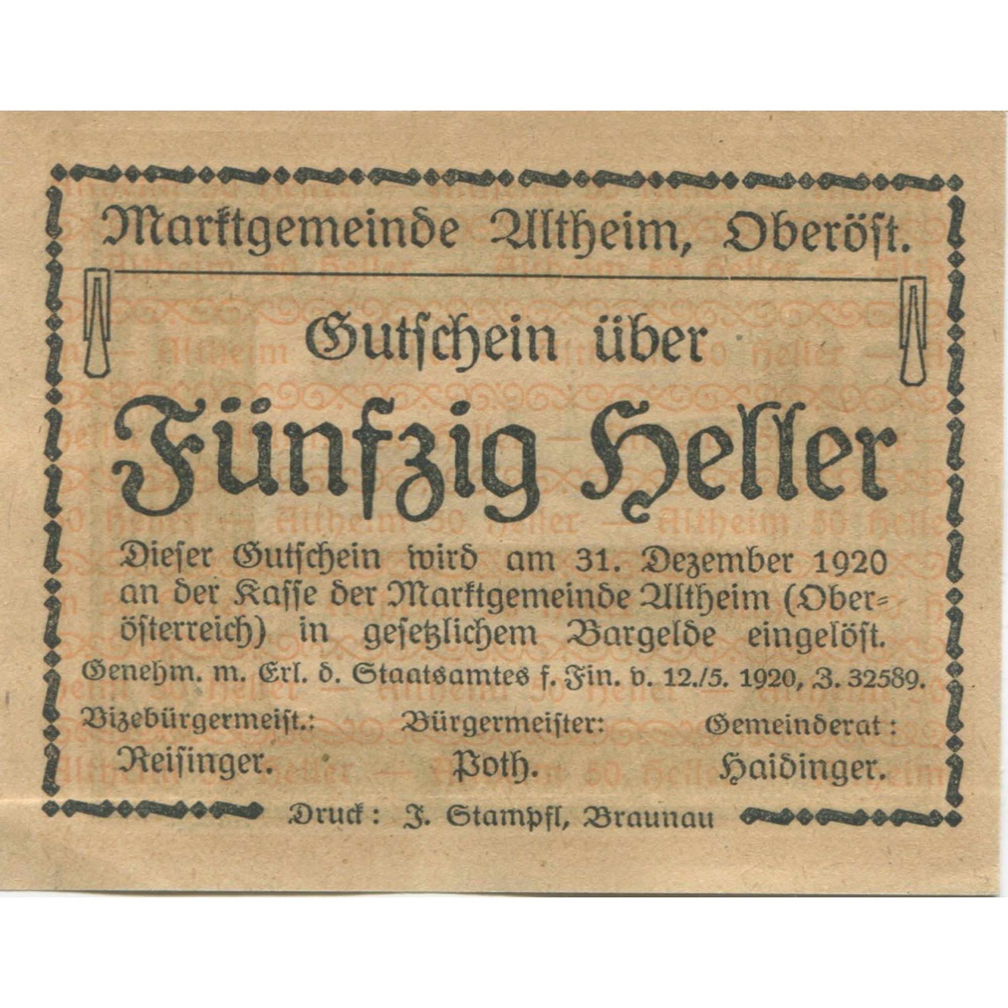 Banknote, Austria, Altheim, 50 Heller, champs 1920-12-31, UNC(63) Mehl:FS 32aC1